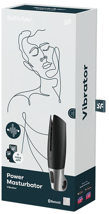 Boîte Satisfyer Power Masturbator avec illustration de vibromasseur noir et argenté.