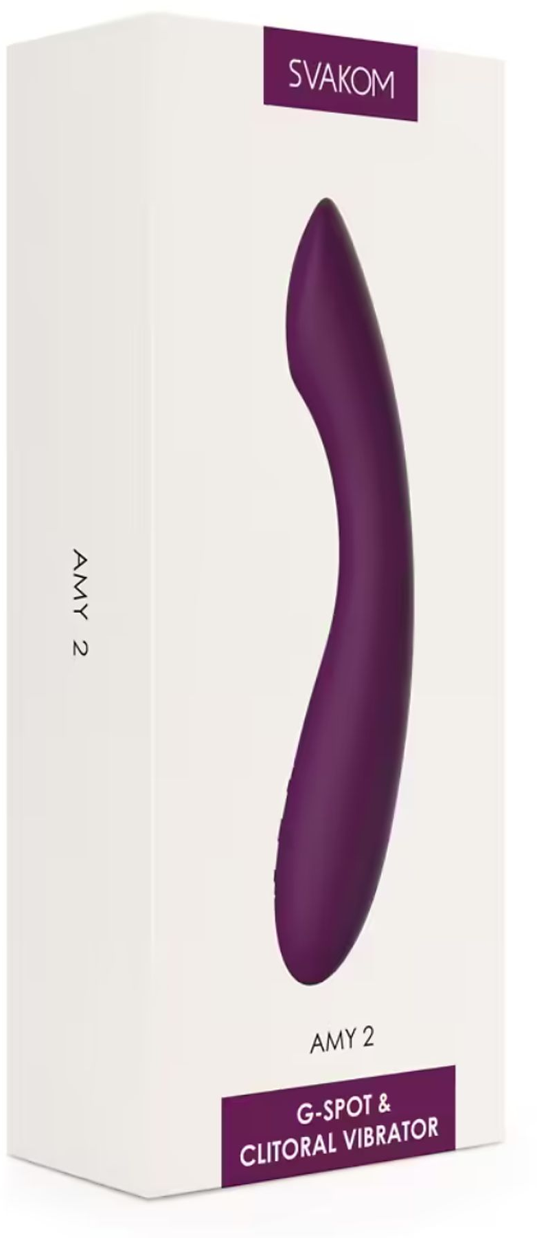 Vibrateur violet en boîte, SVAKOM AMY 2 vibrateur G-spot et clitoridien.