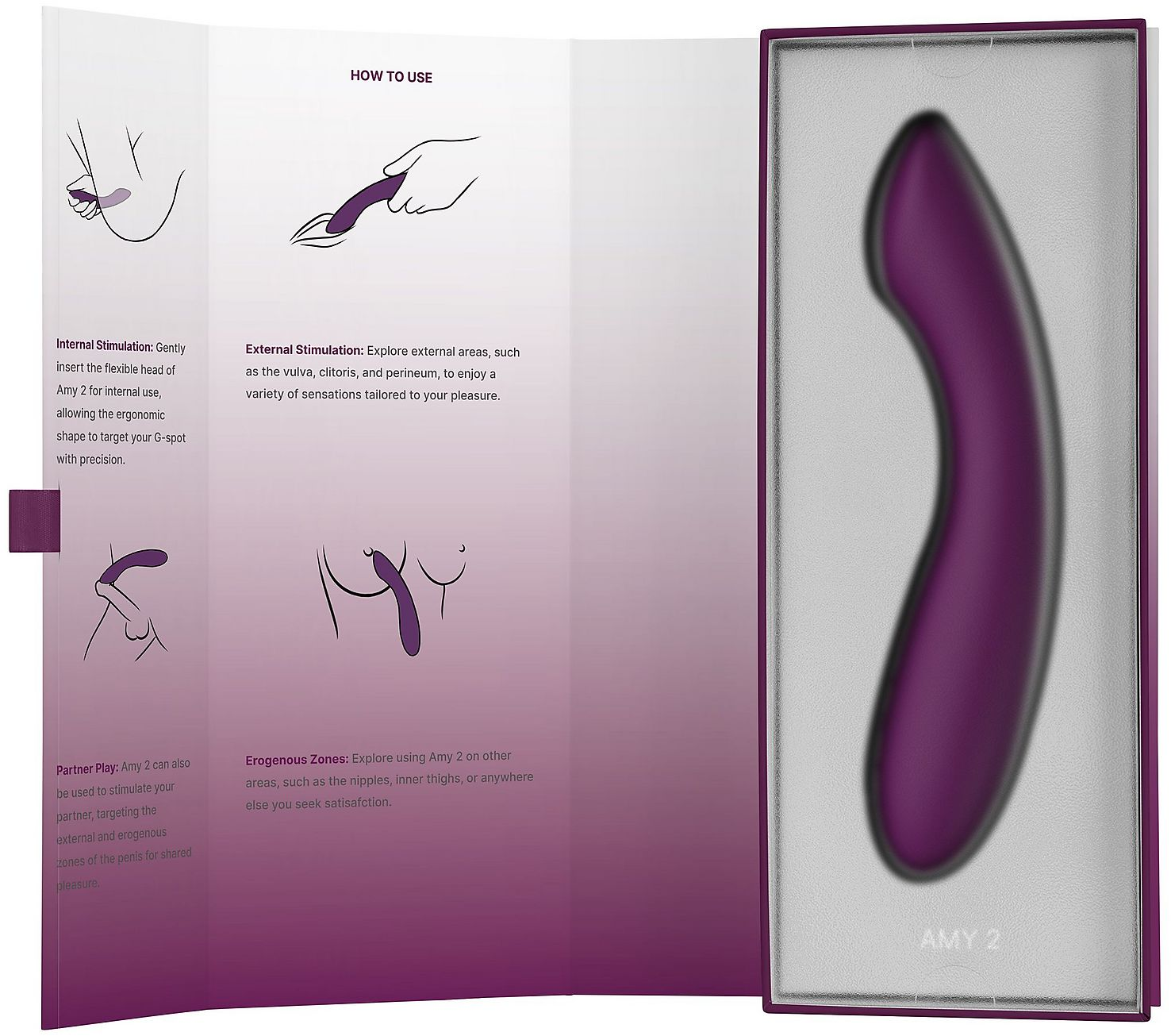 Vibrateur violet dans une boîte avec des diagrammes d'instructions.