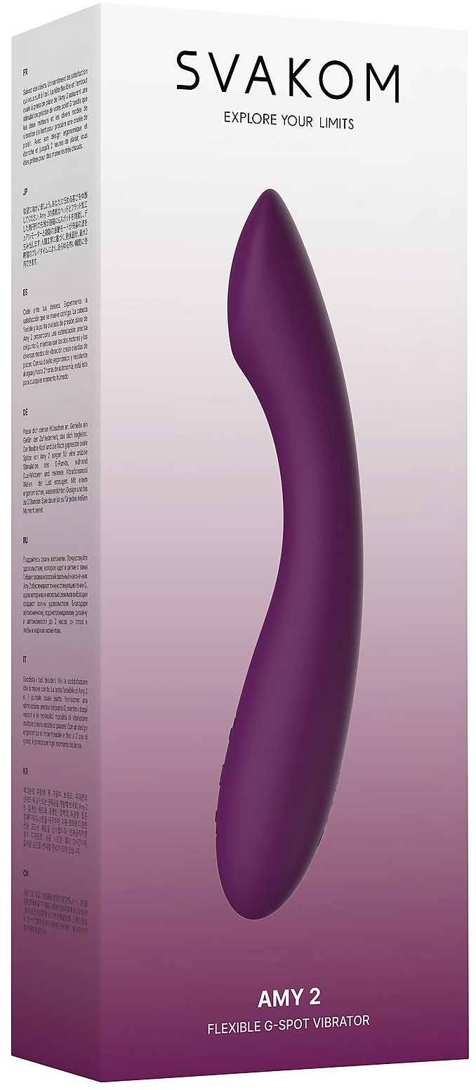 Vibrateur violet AMY 2 sur emballage avec texte.