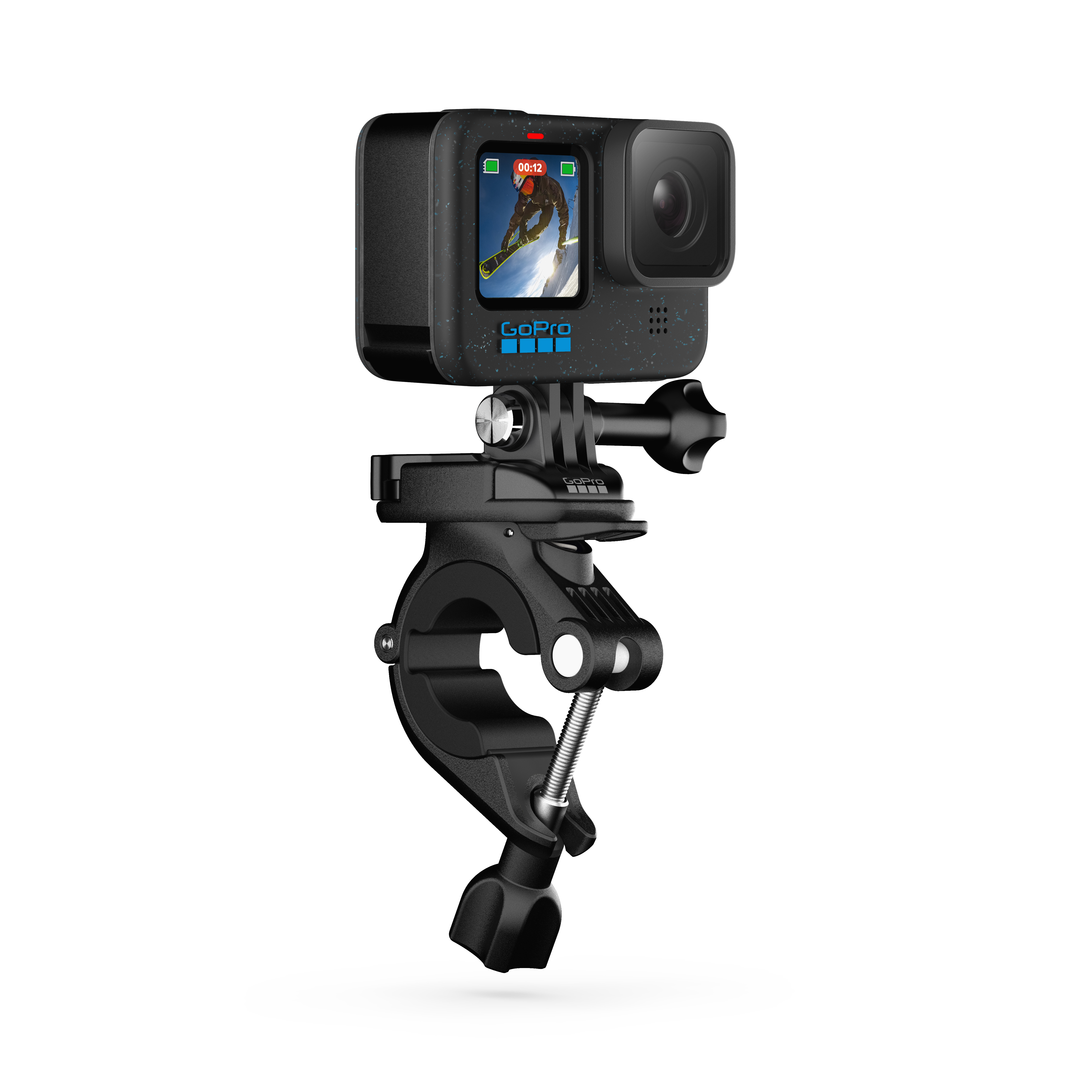 GoPro-Kamera mit Halterung, zeigt Snowboarder auf dem Display.