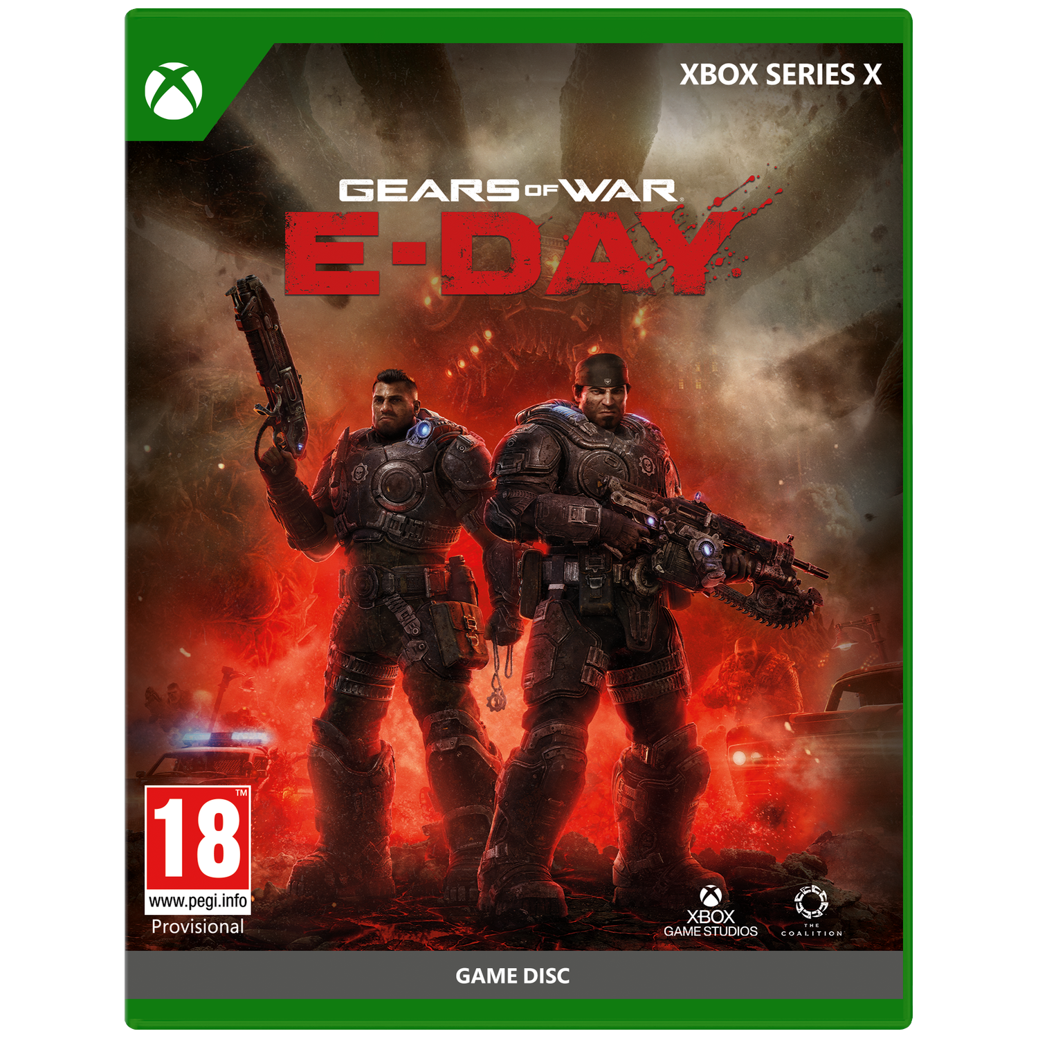 Twee gepantserde soldaten in een vurig landschap. Gears of War E-Day cover art.