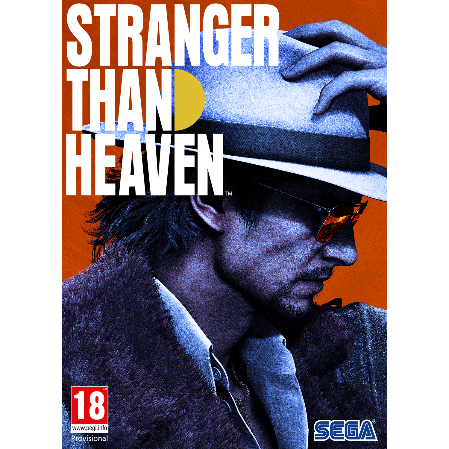 Man met hoed, zonnebril en bontjas, titel STRANGER THAN HEAVEN.