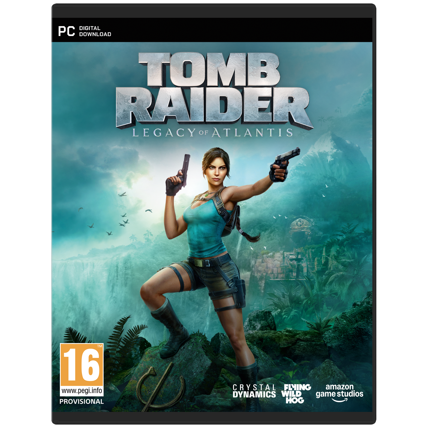 Lara Croft met twee pistolen voor een waterval en ruïnes.