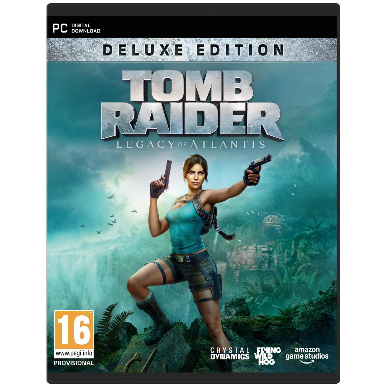 Lara Croft met twee pistolen voor een waterval en ruïnes. Tomb Raider Deluxe Editie.