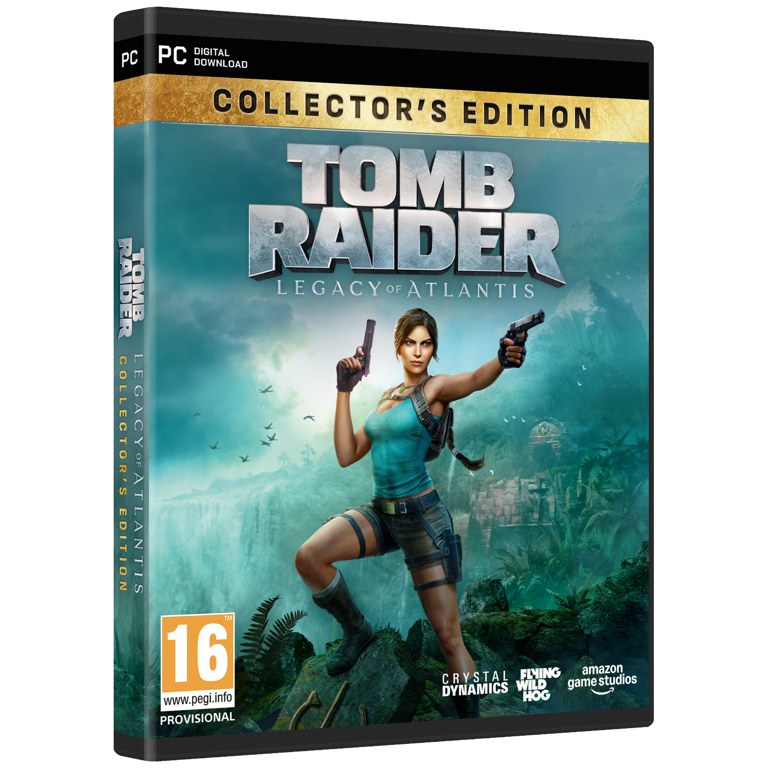 Lara Croft houdt twee pistolen vast, met waterval en ruïnes op achtergrond.