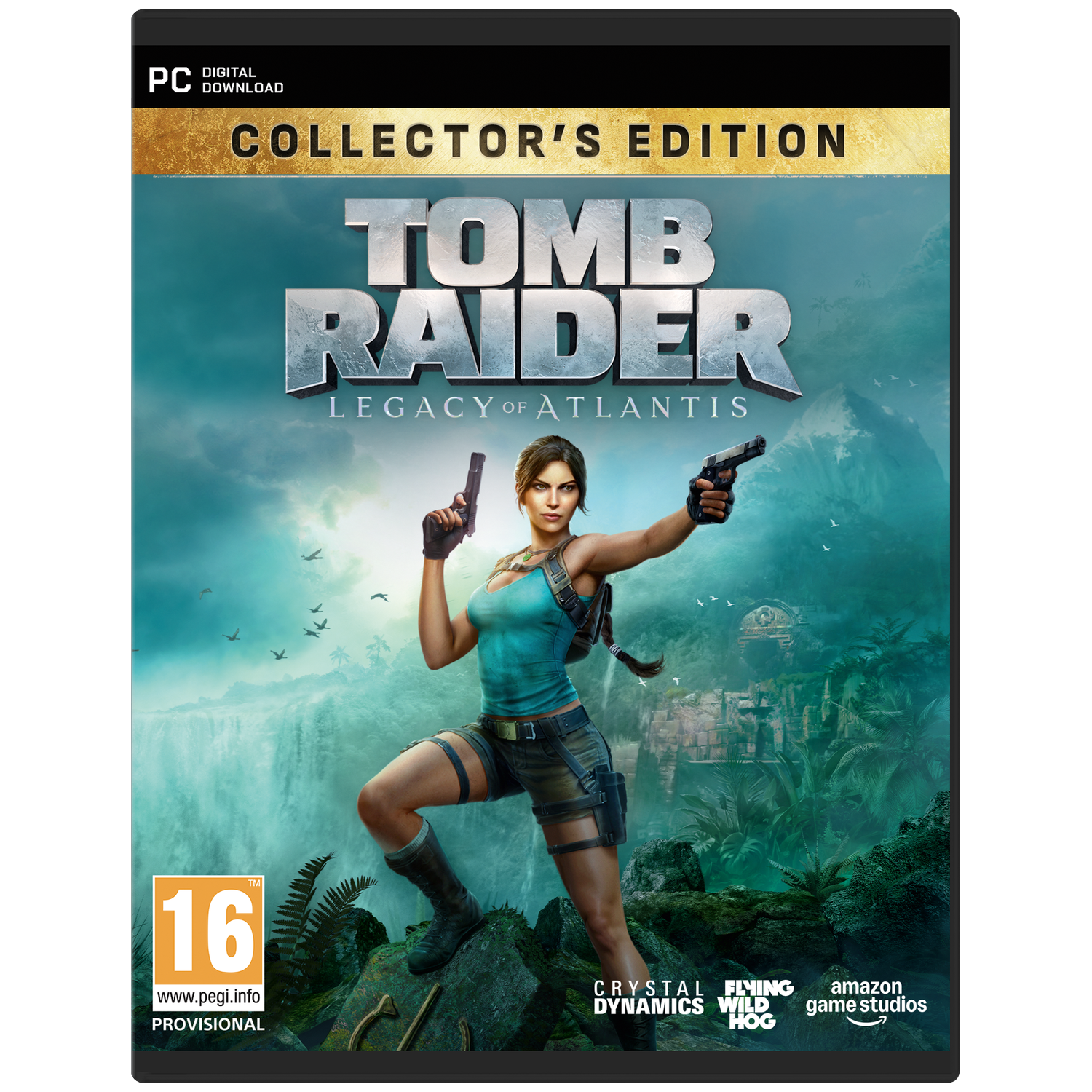 Lara Croft met twee pistolen voor een junglelandschap met waterval.