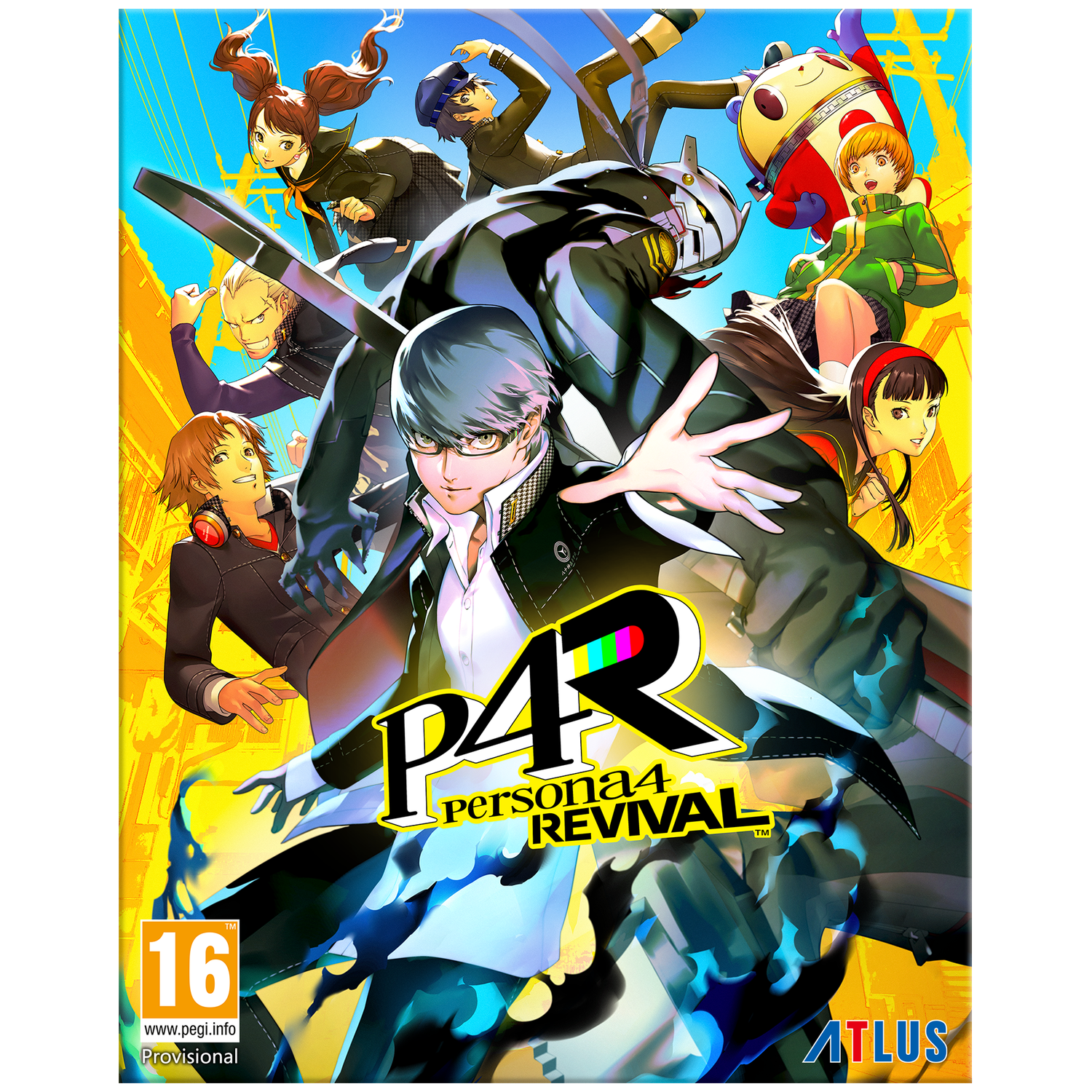 Persona 4 Revival cover: Anime characters in dynamic poses against a yellow cityscape.