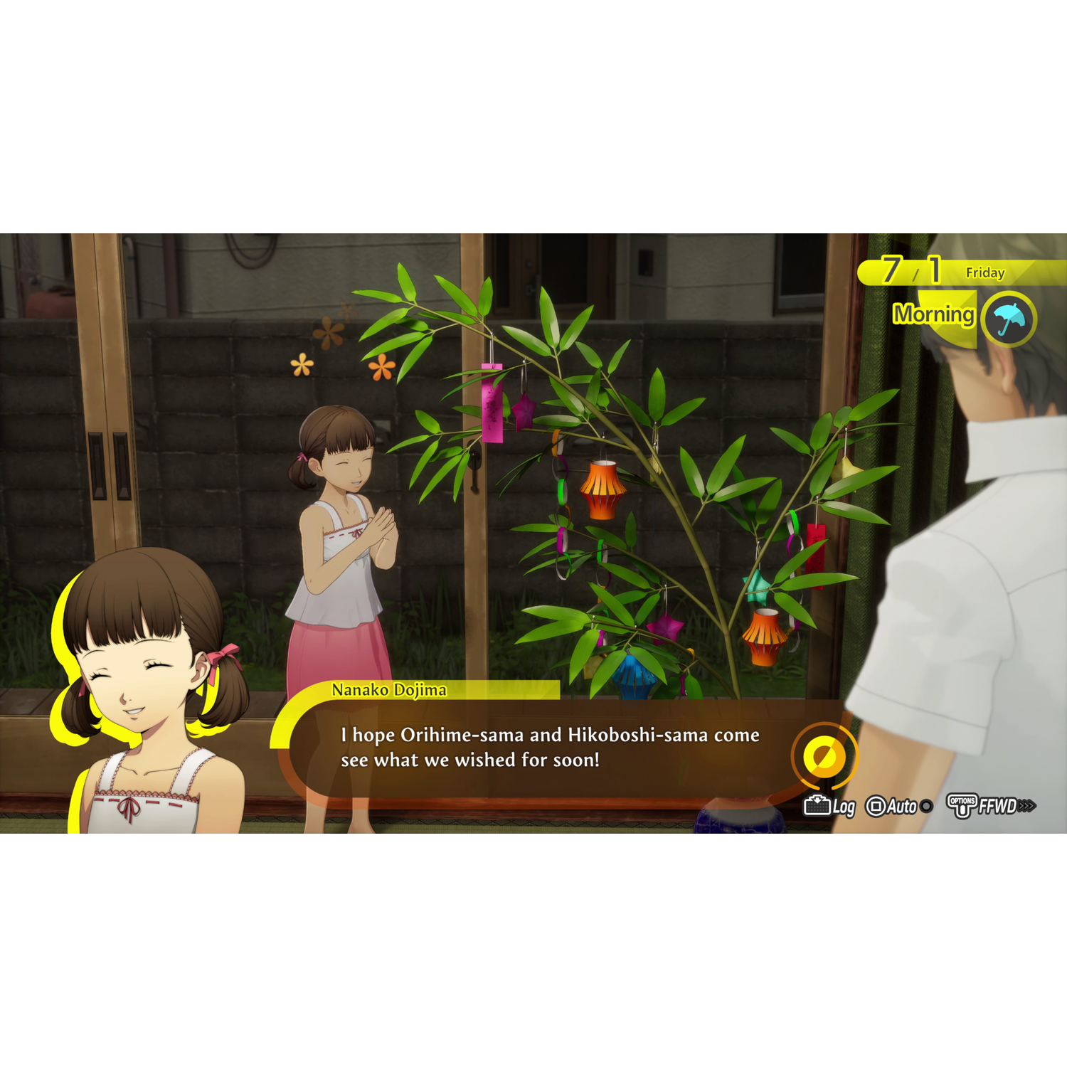 Girl in white top and pink skirt prays by bamboo with ornaments. Date: 7/1 Friday.