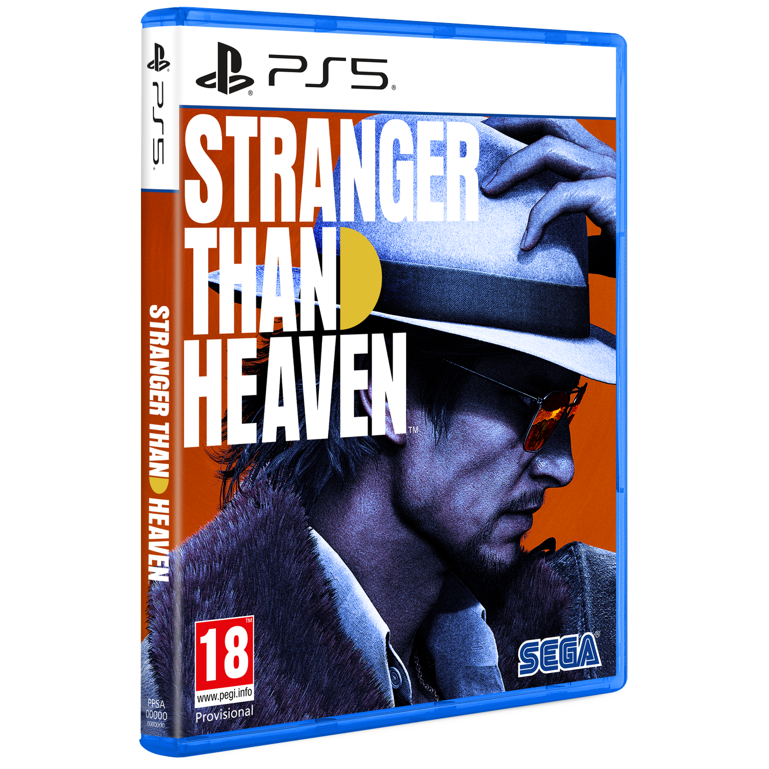 PS5 gamehoes met man met hoed, zonnebril en "Stranger Than Heaven"-titel.