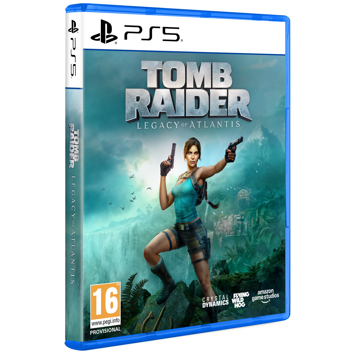 Lara Croft met twee pistolen voor een junglelandschap met waterval.