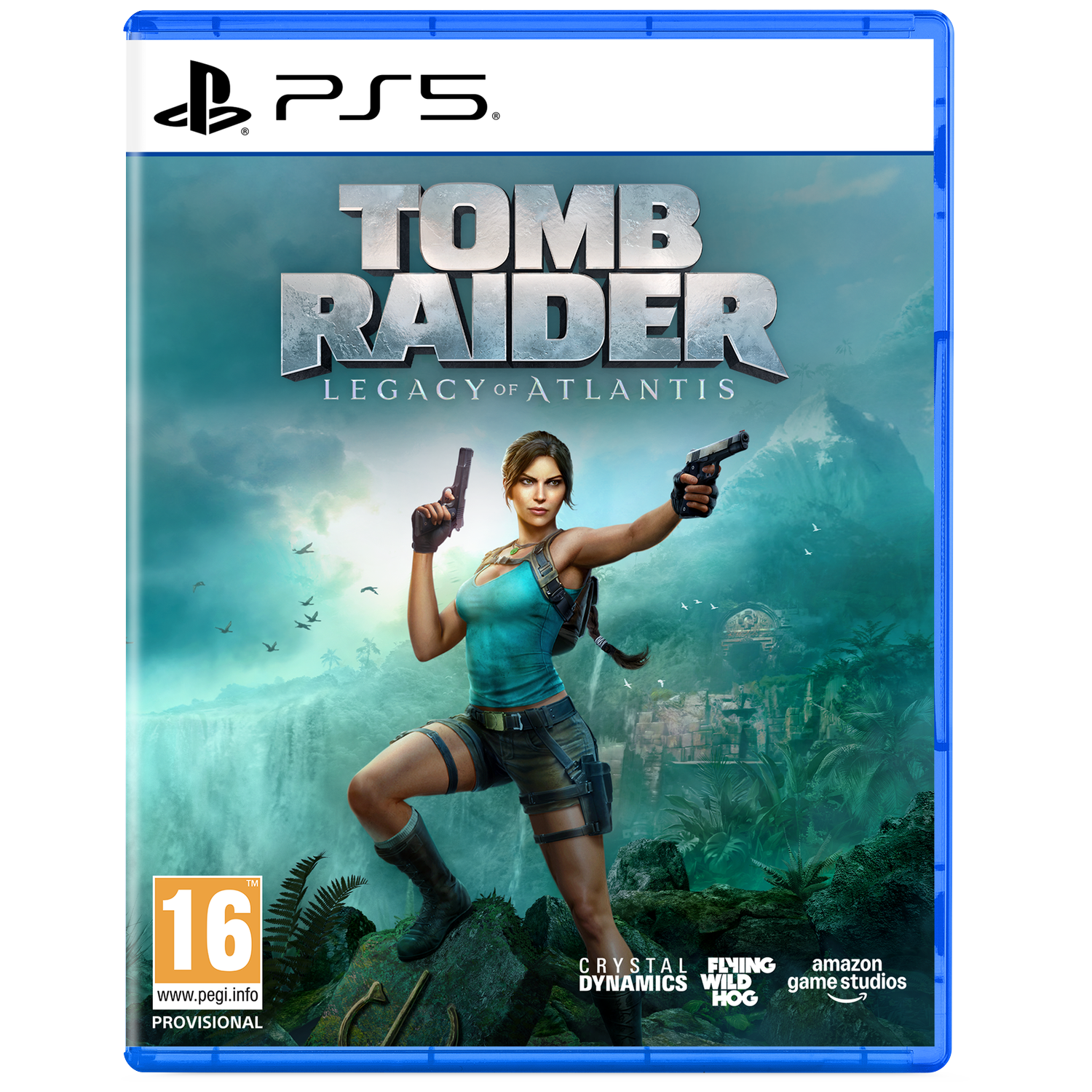 Lara Croft met twee pistolen voor watervallen en ruïnes, PS5-spelcover.