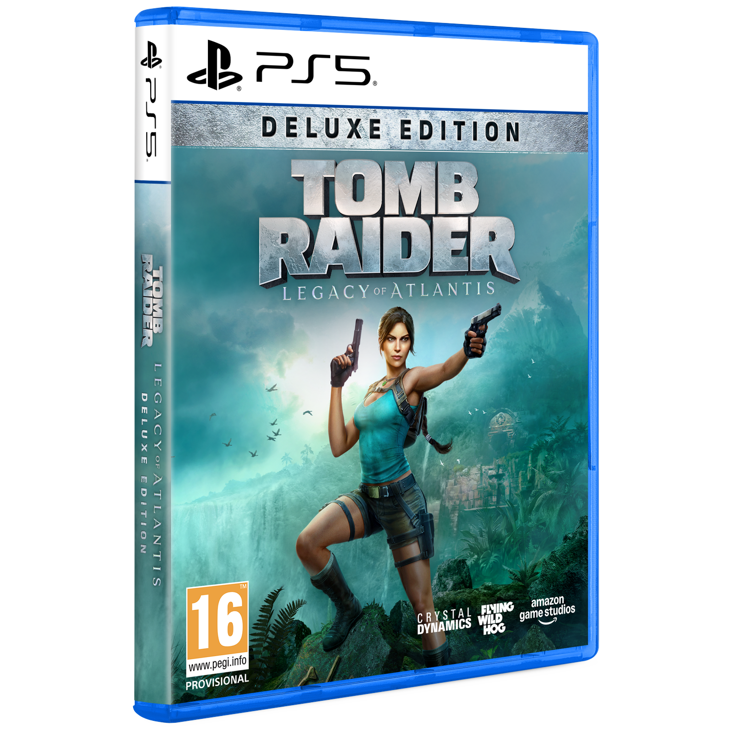 PS5 speldoos: Tomb Raider Deluxe Edition met Lara Croft voor waterval.