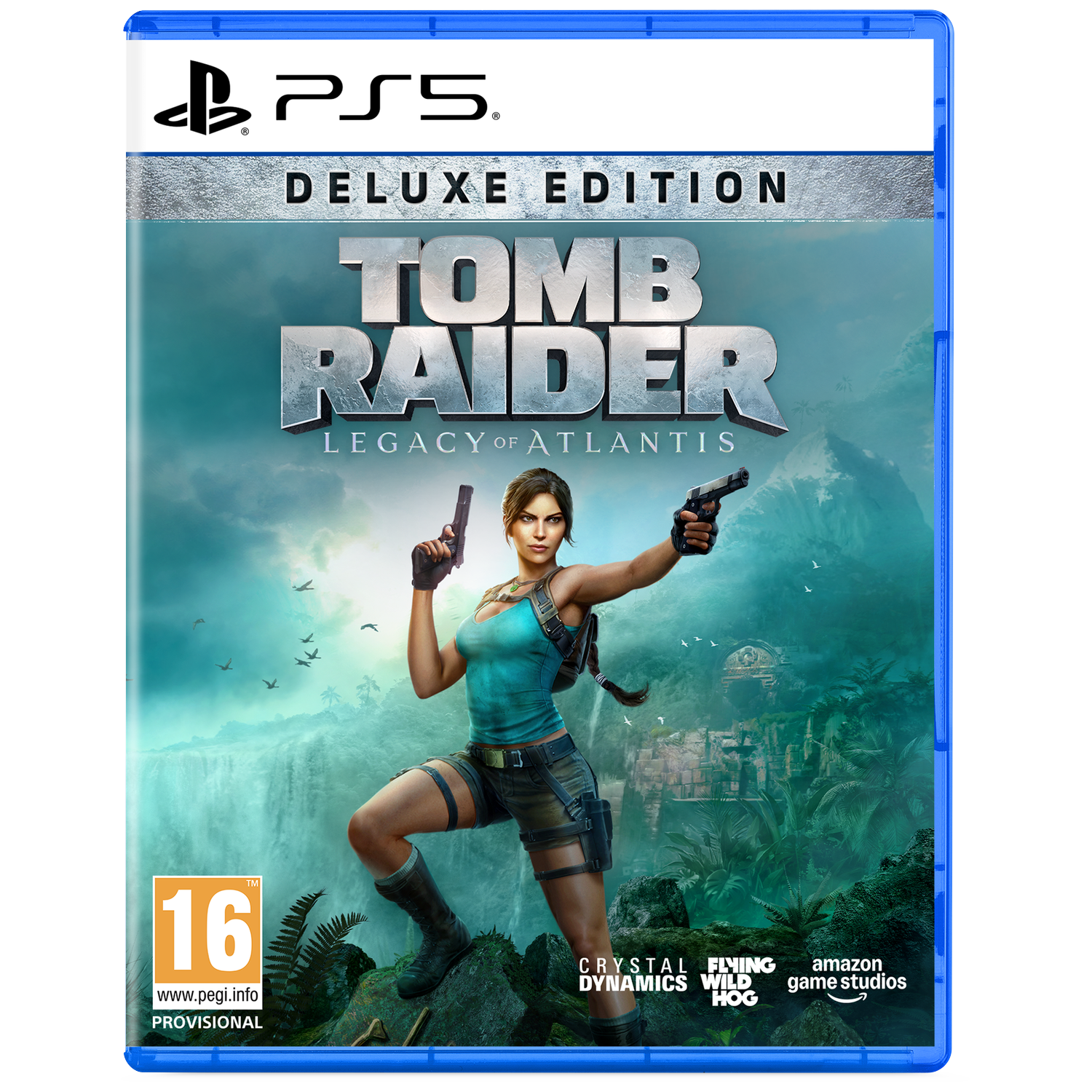 Tomb Raider Legacy of Atlantis PS5 spelcover. Lara Croft houdt twee pistolen in een jungle.