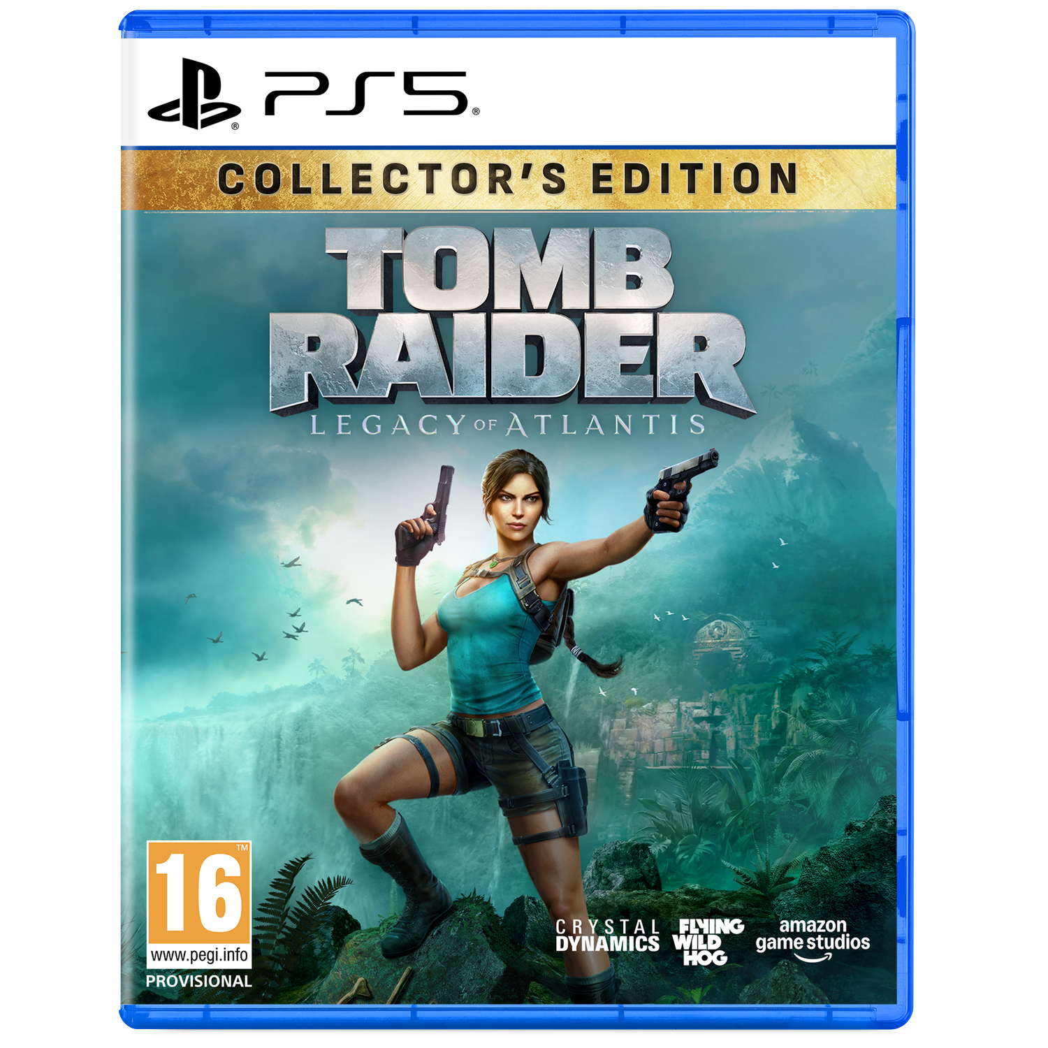 Lara Croft met twee pistolen voor een jungle-achtergrond met watervallen.