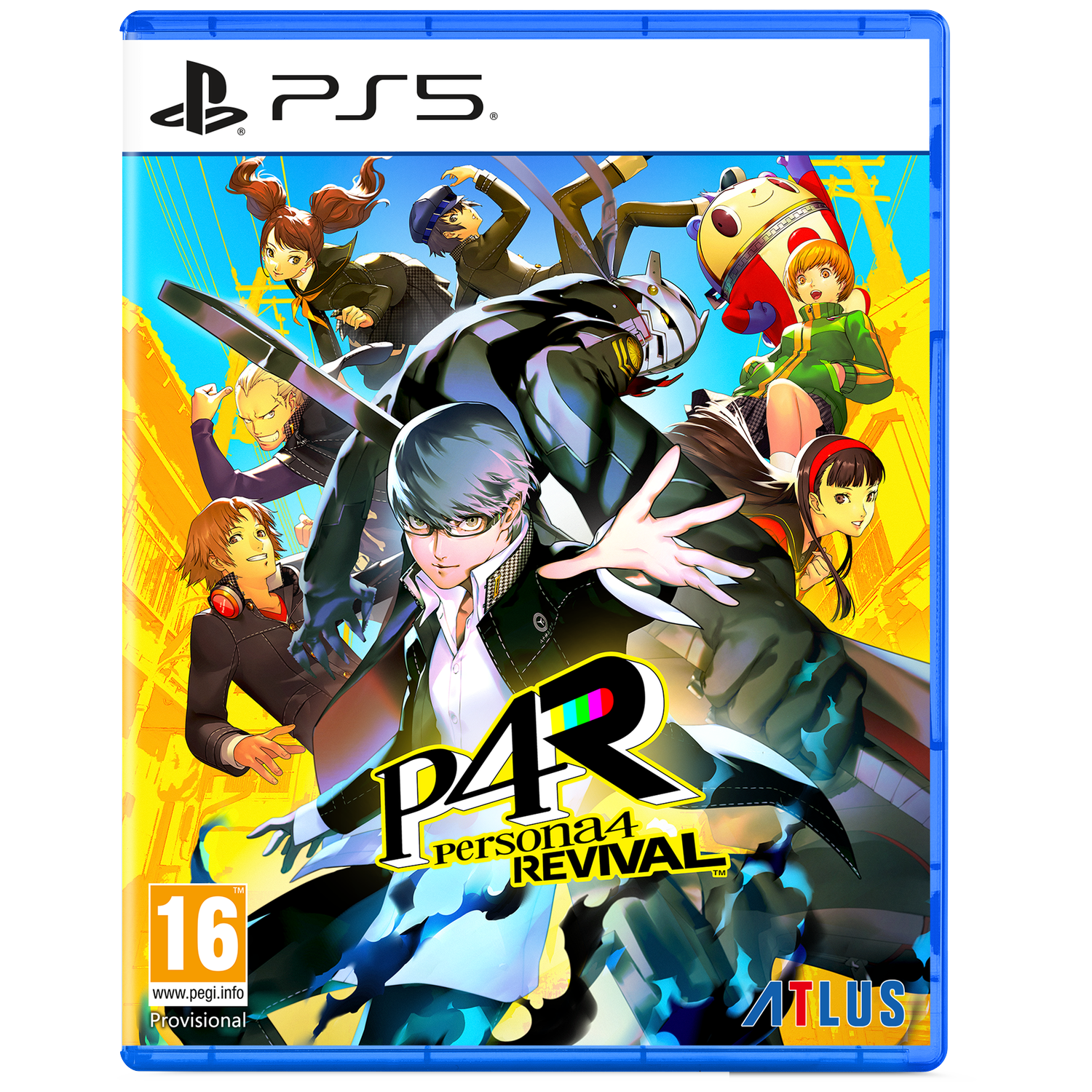 PS5 gamehoes Persona 4 Revival, personages in dynamische poses tegen gele achtergrond.
