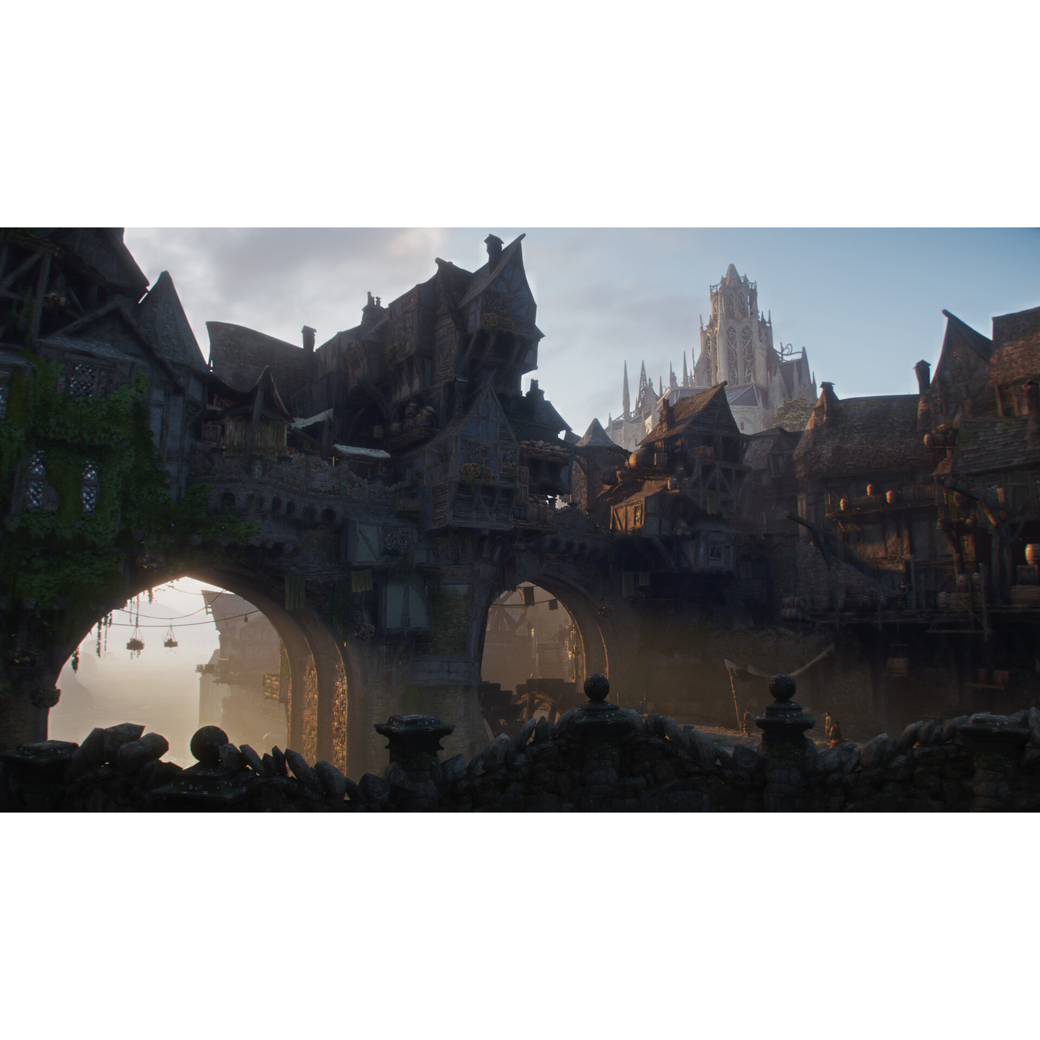 Oude stad met stenen bogen en een kathedraal op de achtergrond.