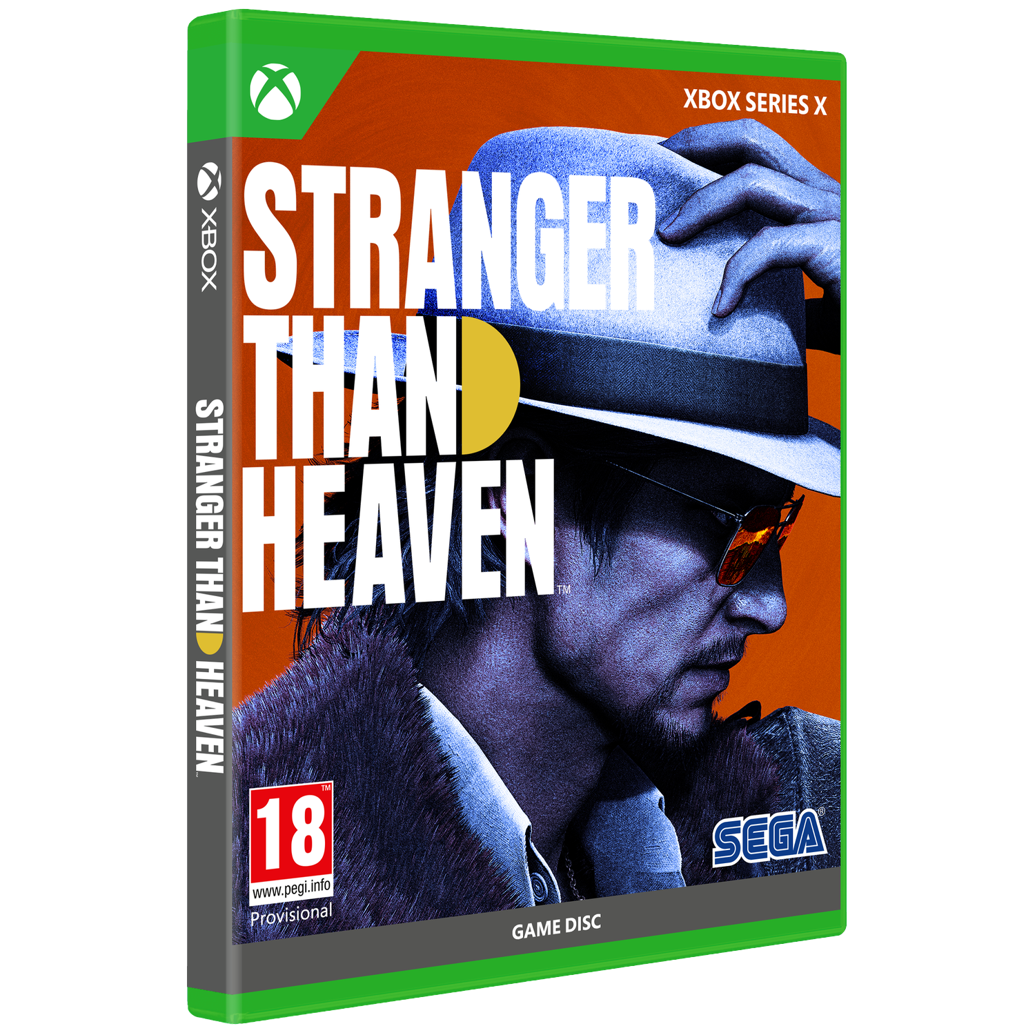 Xbox Series X-gamecase voor Stranger Than Heaven, met een man met hoed en zonnebril.