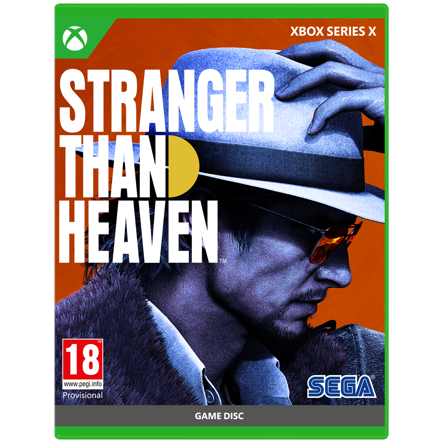 Xbox Series X gamecover: 'Stranger Than Heaven' titel, man met hoed en zonnebril.