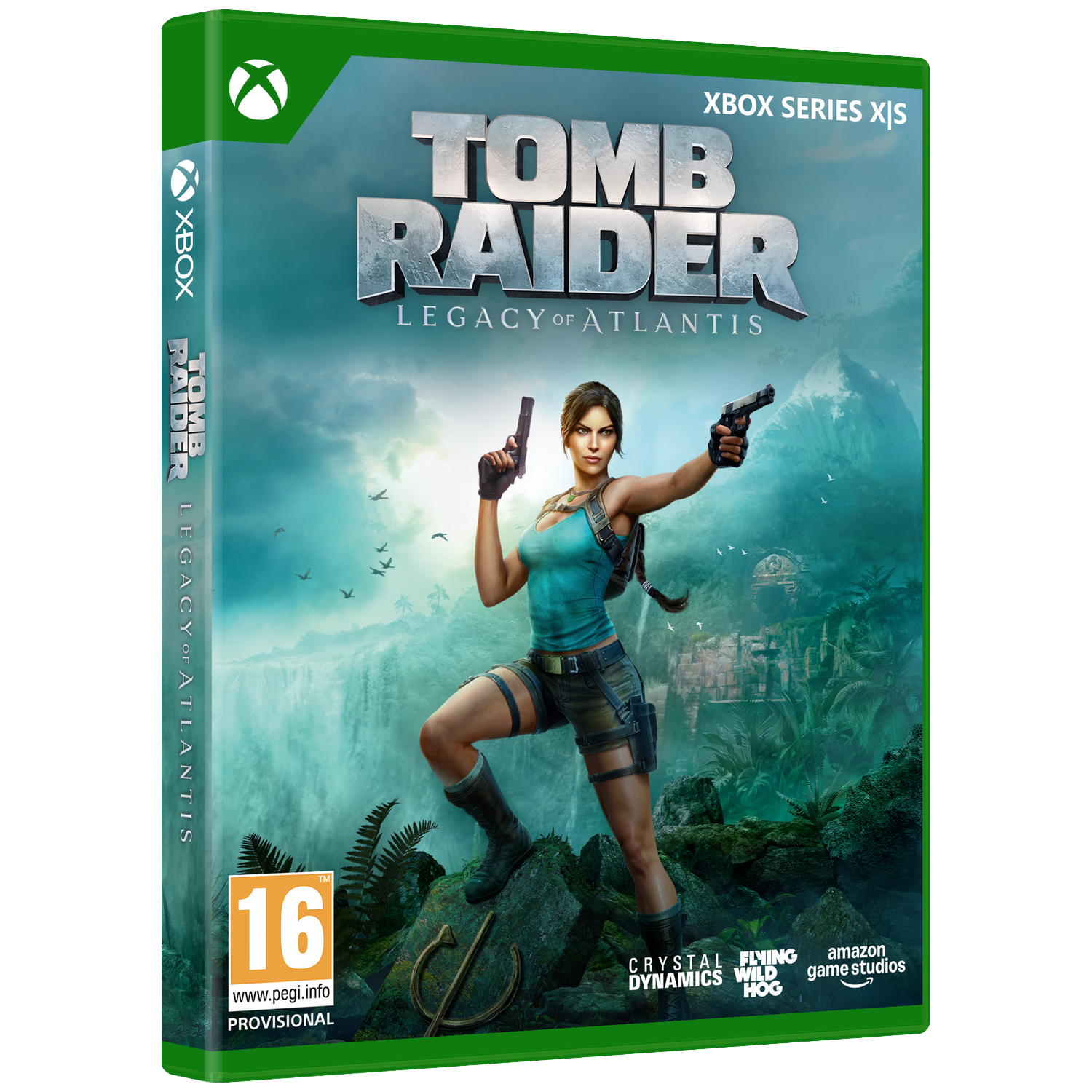 Lara Croft in Tomb Raider: Legacy of Atlantis, Xbox-speldoos met waterval en jungle.