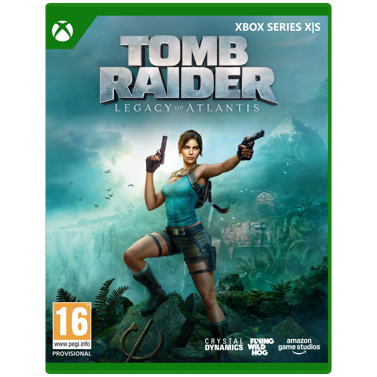 Lara Croft met twee pistolen voor een waterval en ruïnes, Xbox Series X|S.