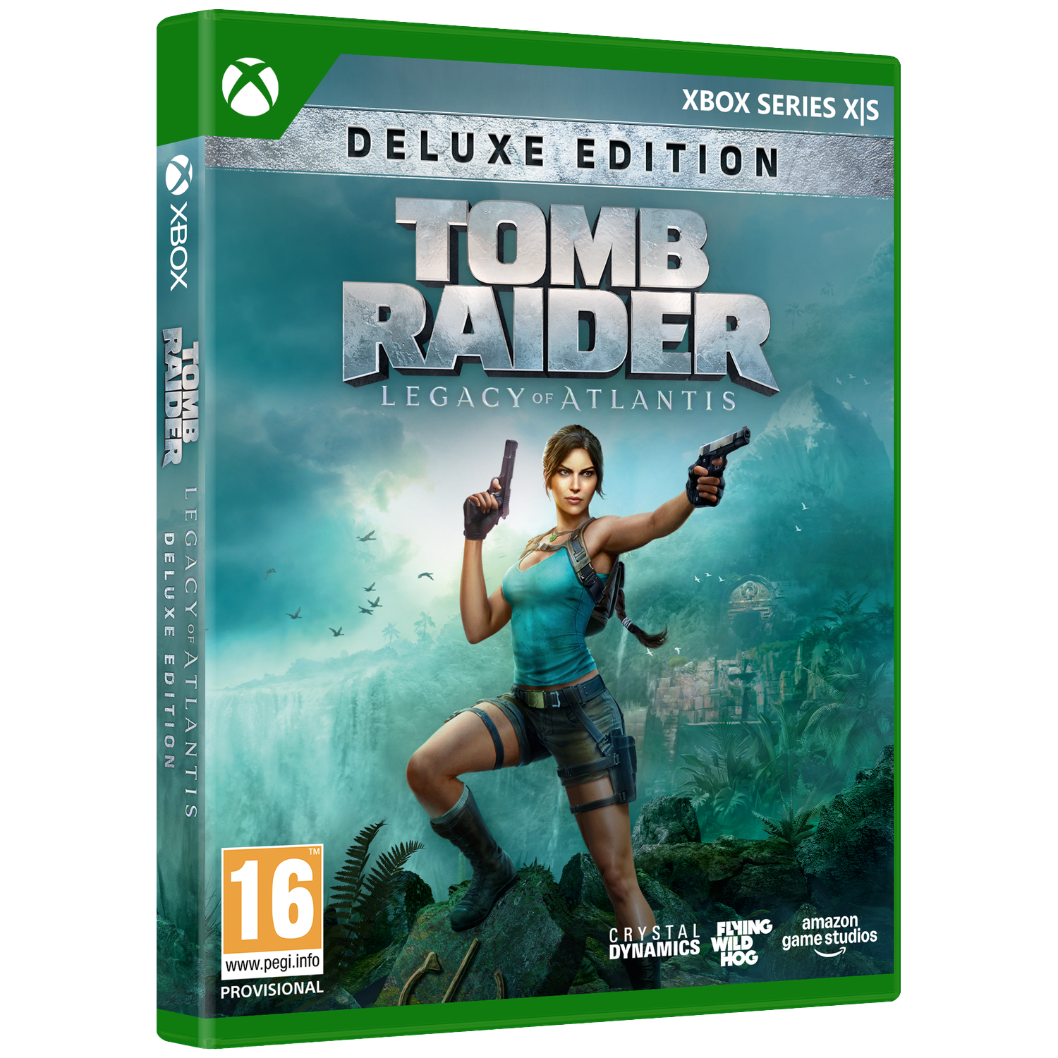 Tomb Raider gamehoes: Lara Croft met pistolen voor waterval en ruïnes.
