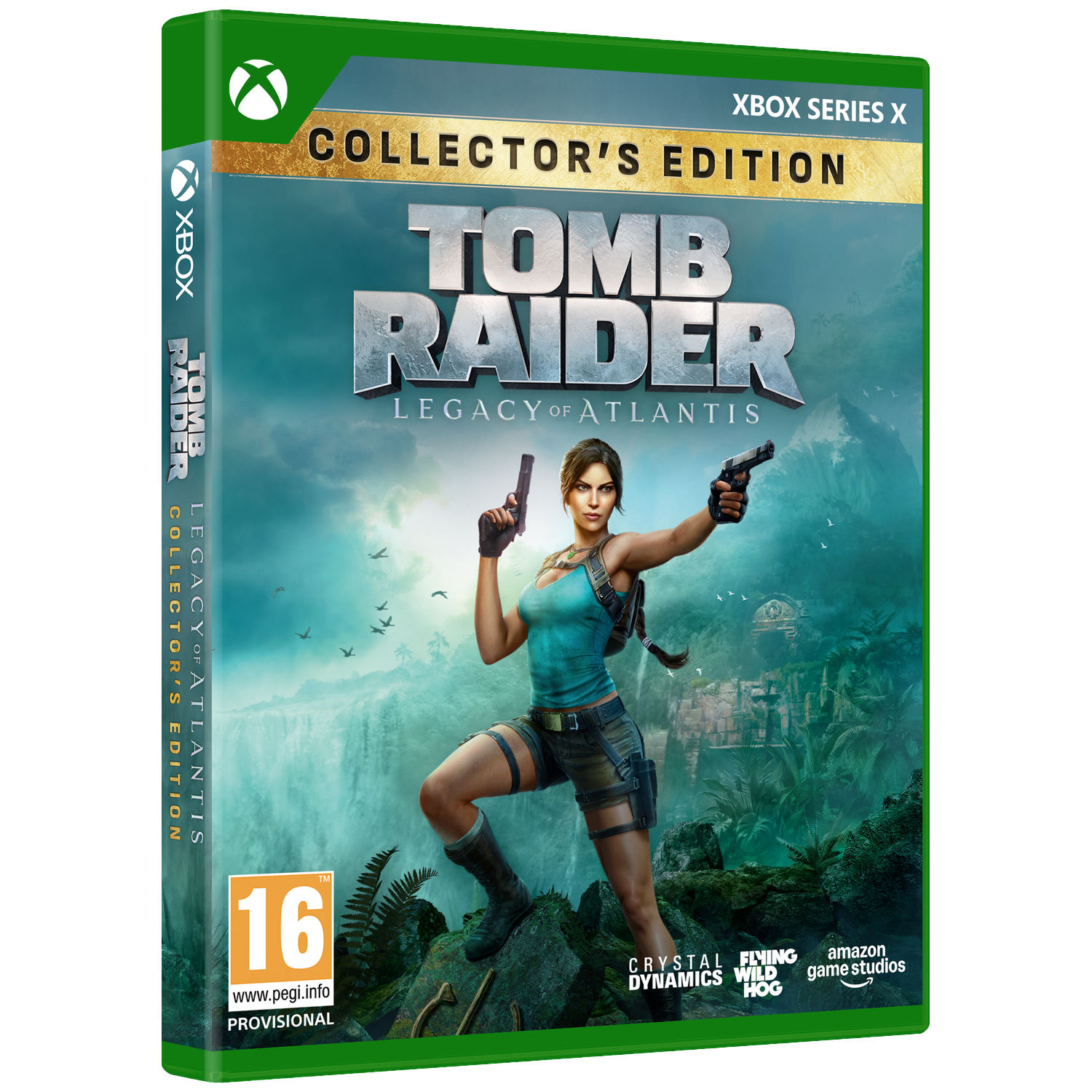 Tomb Raider Collector's Edition voor Xbox Series X met Lara Croft voor een waterval.