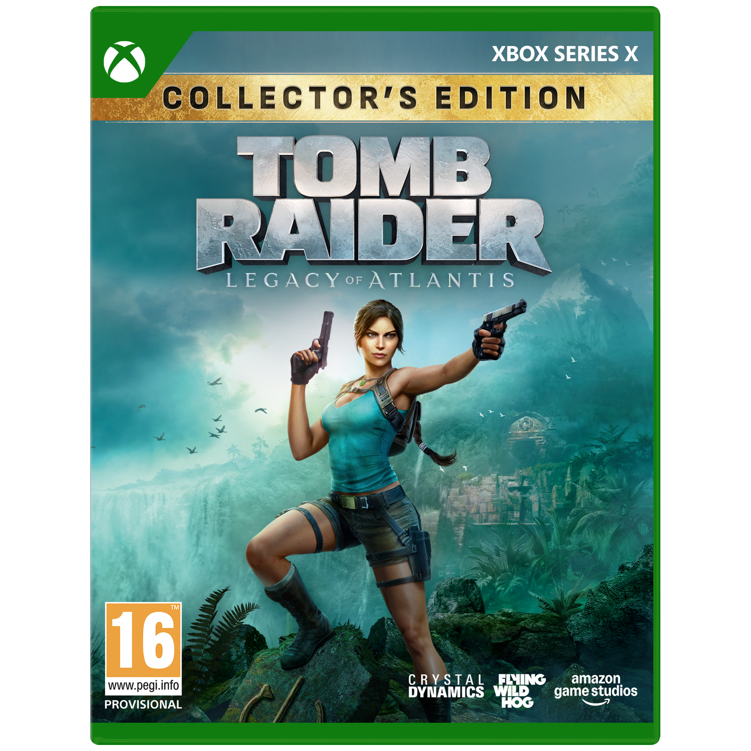 Lara Croft met pistolen voor waterval en ruïnes. Tomb Raider Collector's Edition.