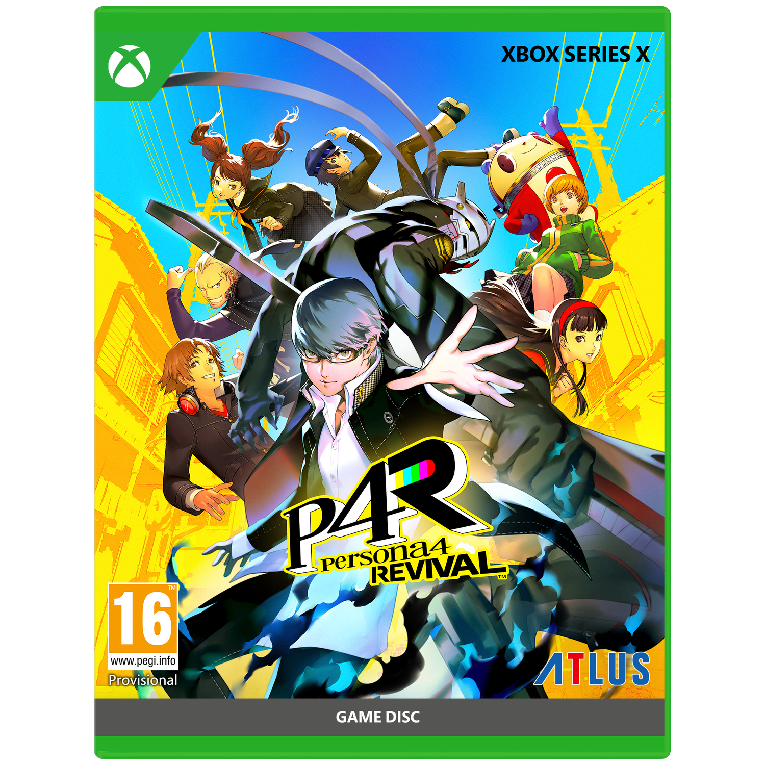Persona 4 Arena Ultimax Cover: Karakters, Xbox Series X logo, PEGI 16.