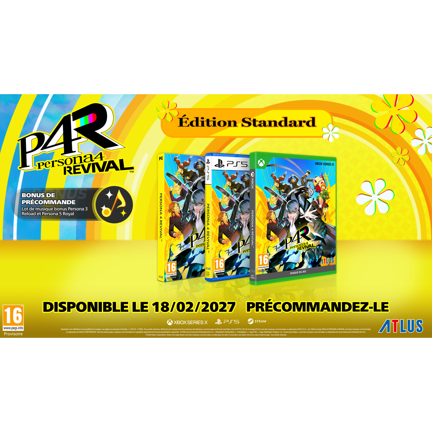 Standaardeditie van Persona 4 Revival met spelboxen voor PC, PS5 en Xbox Series X.