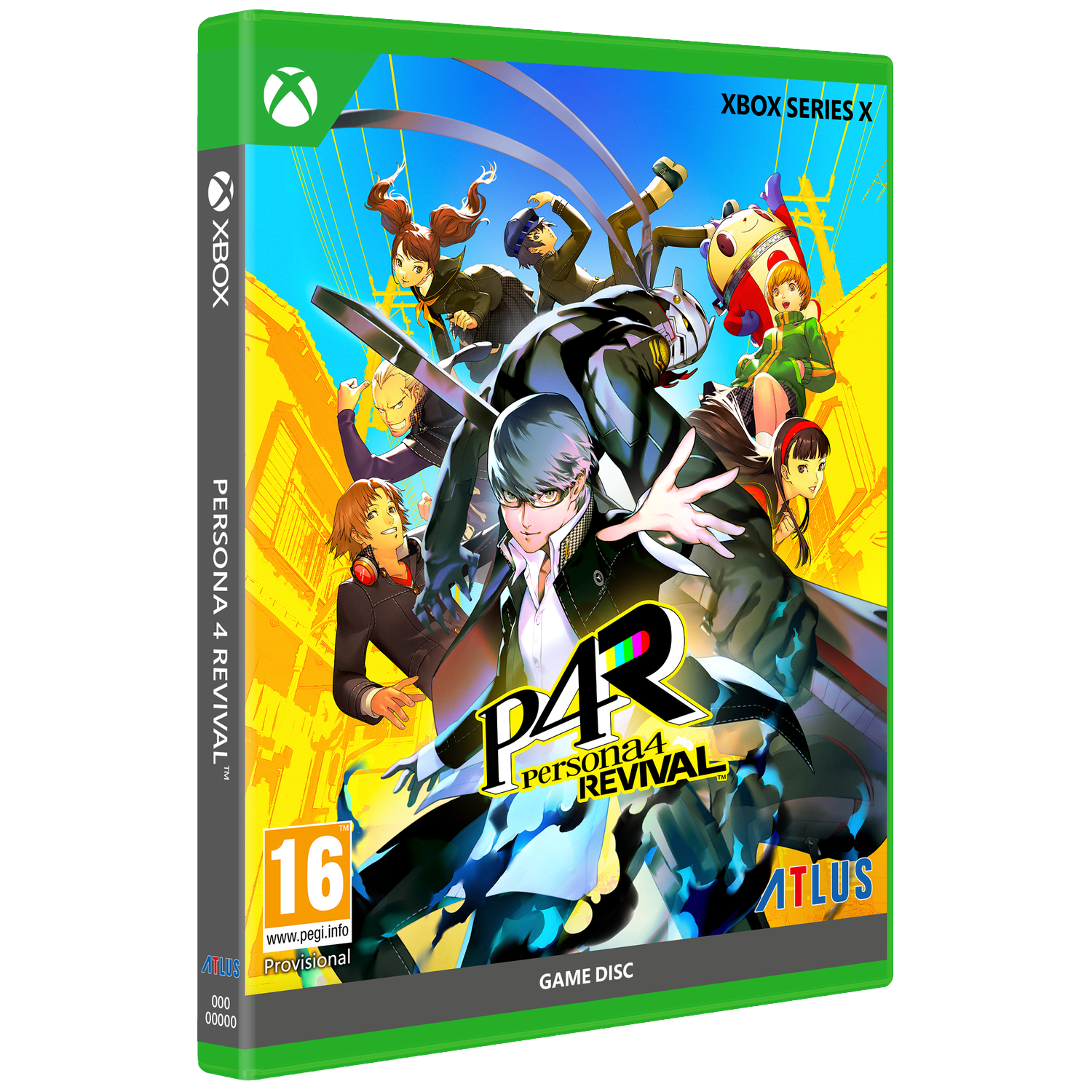 Xbox-speldoos met anime-personages in dynamische stijl, titel P4R.