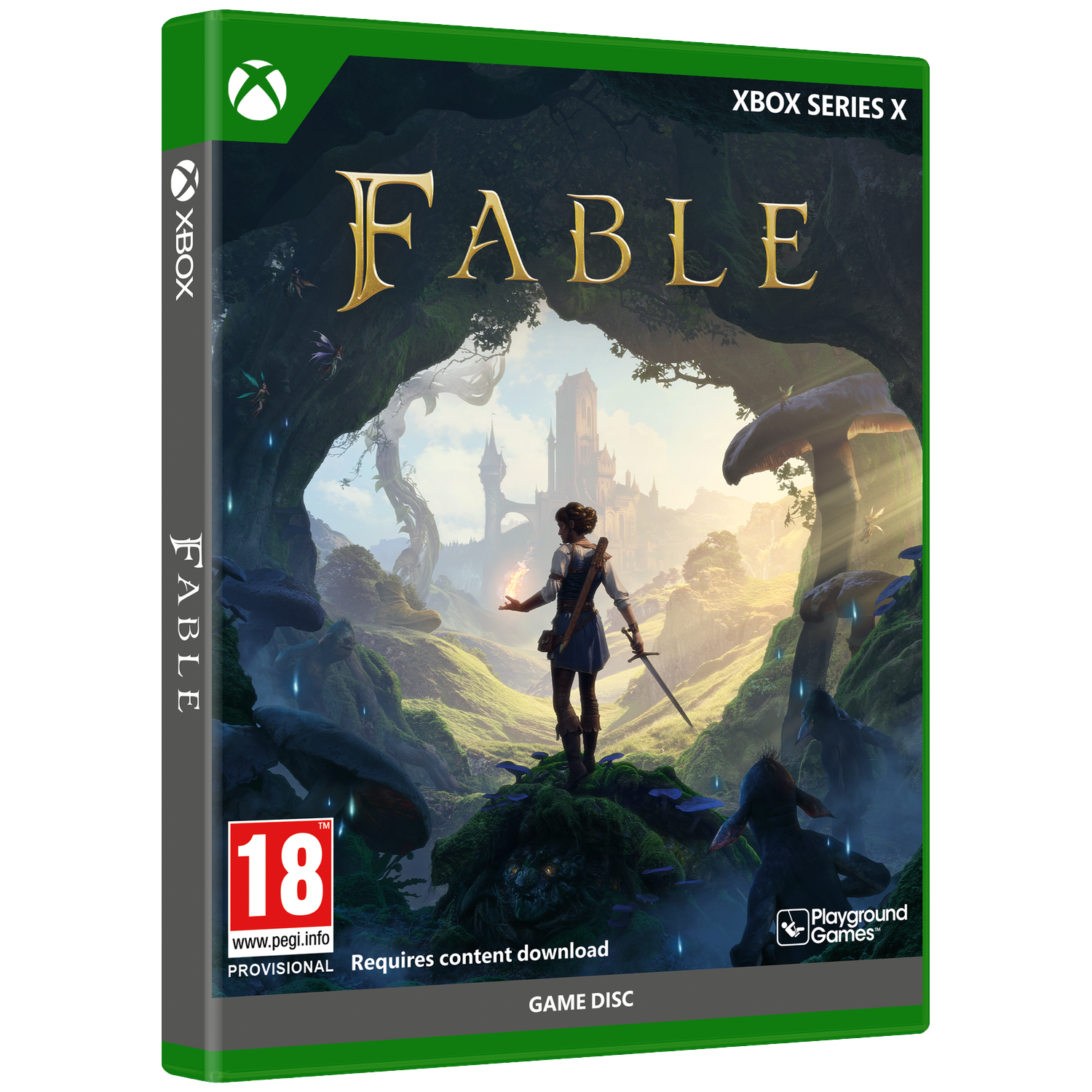 Fable Xbox Series X hoes: Vrouw met zwaard in magische bos, kasteel op achtergrond.