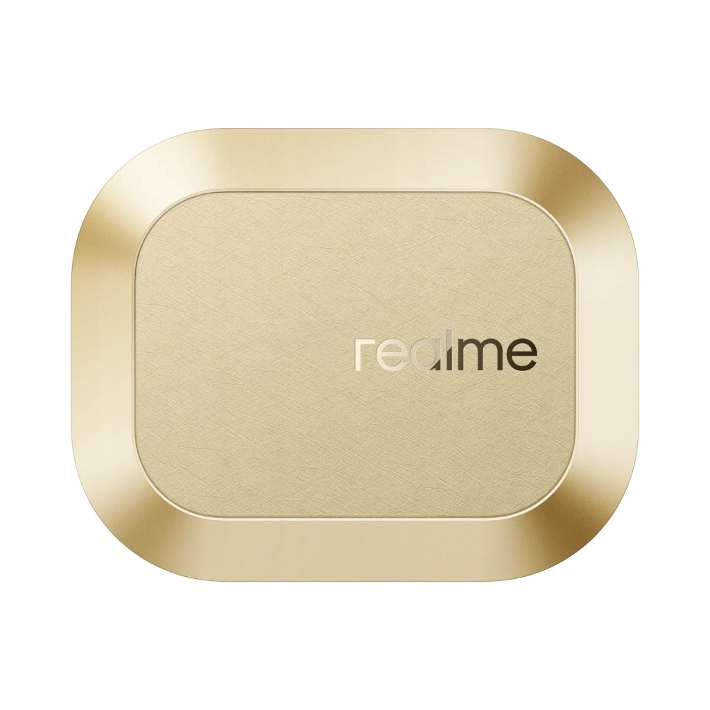 Złote pudełko z logo Realme, na białym tle.