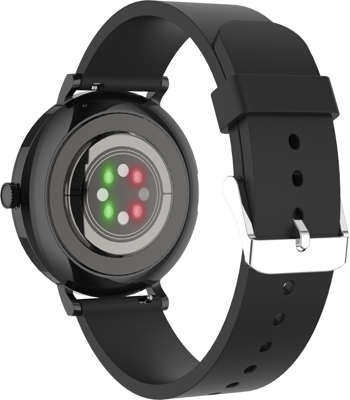 Retro di uno smartwatch nero con sensore di battito cardiaco e fibbia in metallo.