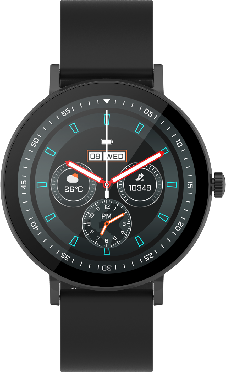 Uno smartwatch nero con quadrante rotondo mostra 26°C, 10349 passi e 08 WED.