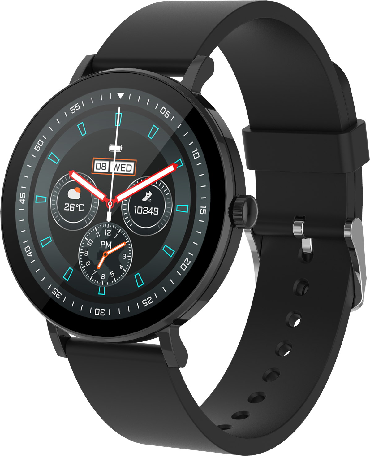 Uno smartwatch nero con quadrante rotondo che mostra 26°C, 10349 passi e 08 WED.