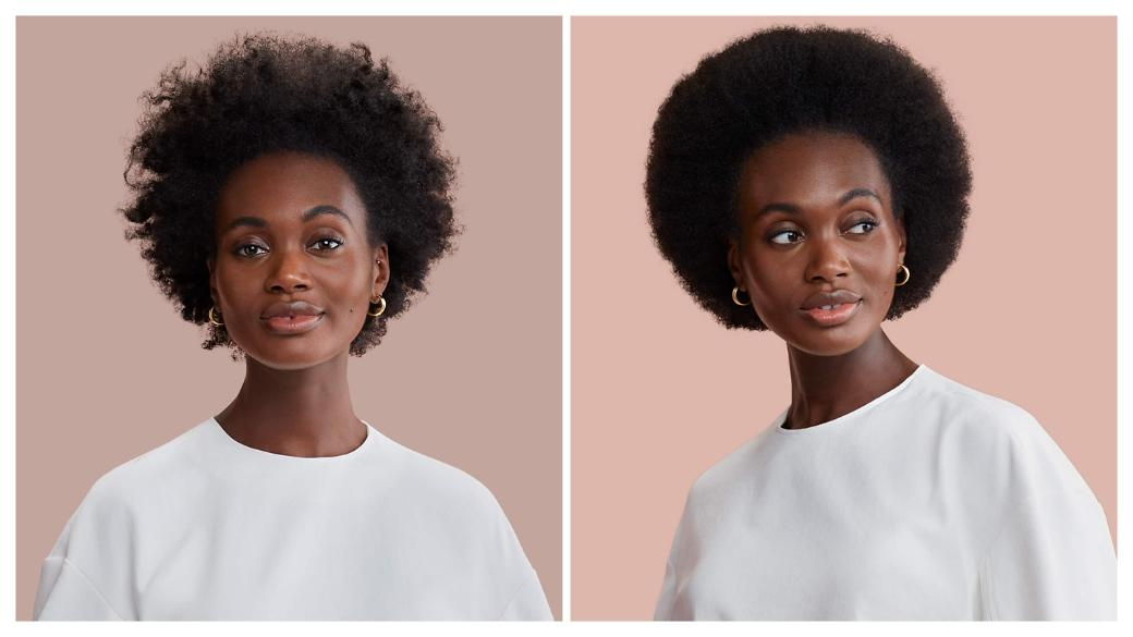 Afro frizurás, fehér felsőt viselő fekete nő két portréja.