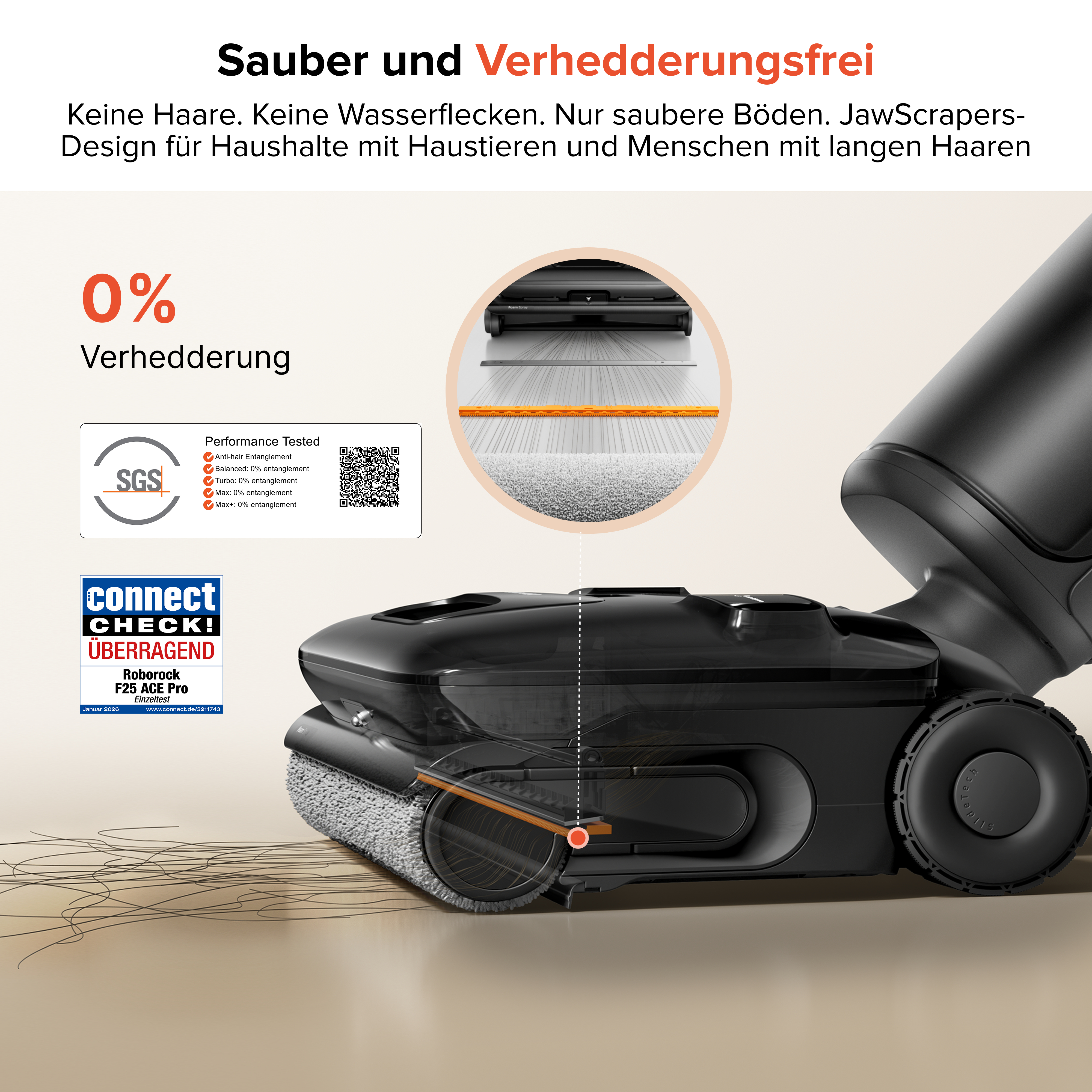 Ein schwarzer Roboterstaubsauger mit einer Nahaufnahme der Bürstenrolle und eines Textfeldes.
