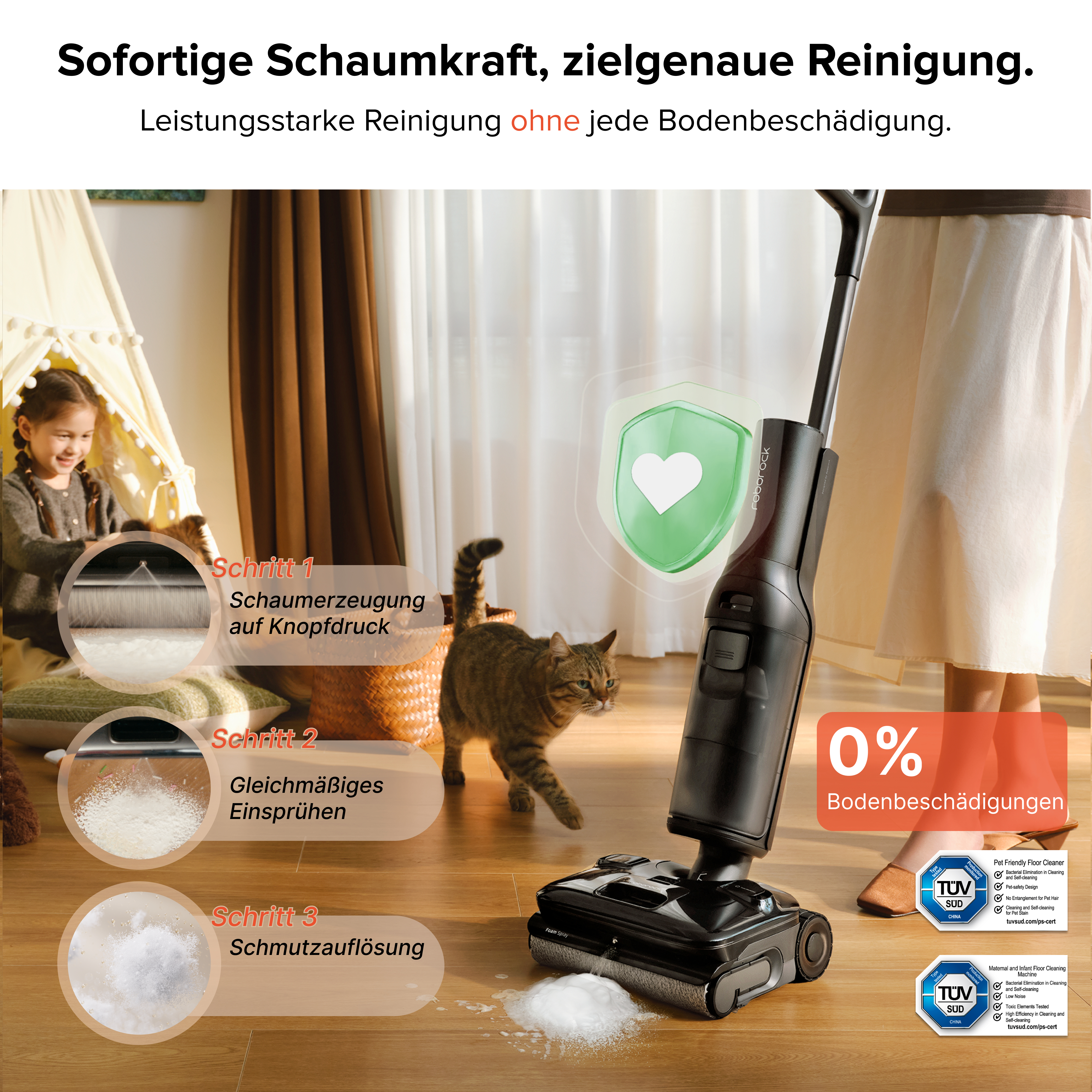 Ein Roboterstaubsauger sprüht Schaum auf den Boden, während eine Katze zusieht.