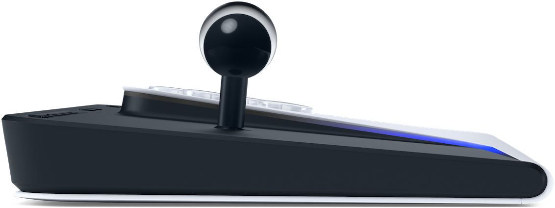 Schwarzer Joystick mit Kugelgriff auf einer Basis mit blauen Lichtern.