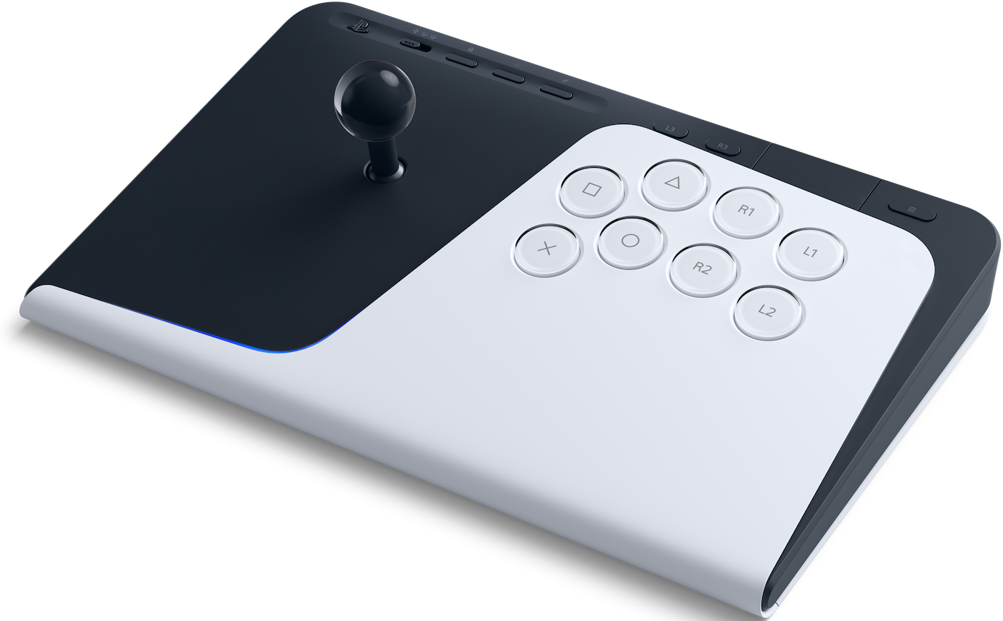 Ein dunkler Kampfstick-Controller mit weißer Oberseite und runden Tasten.