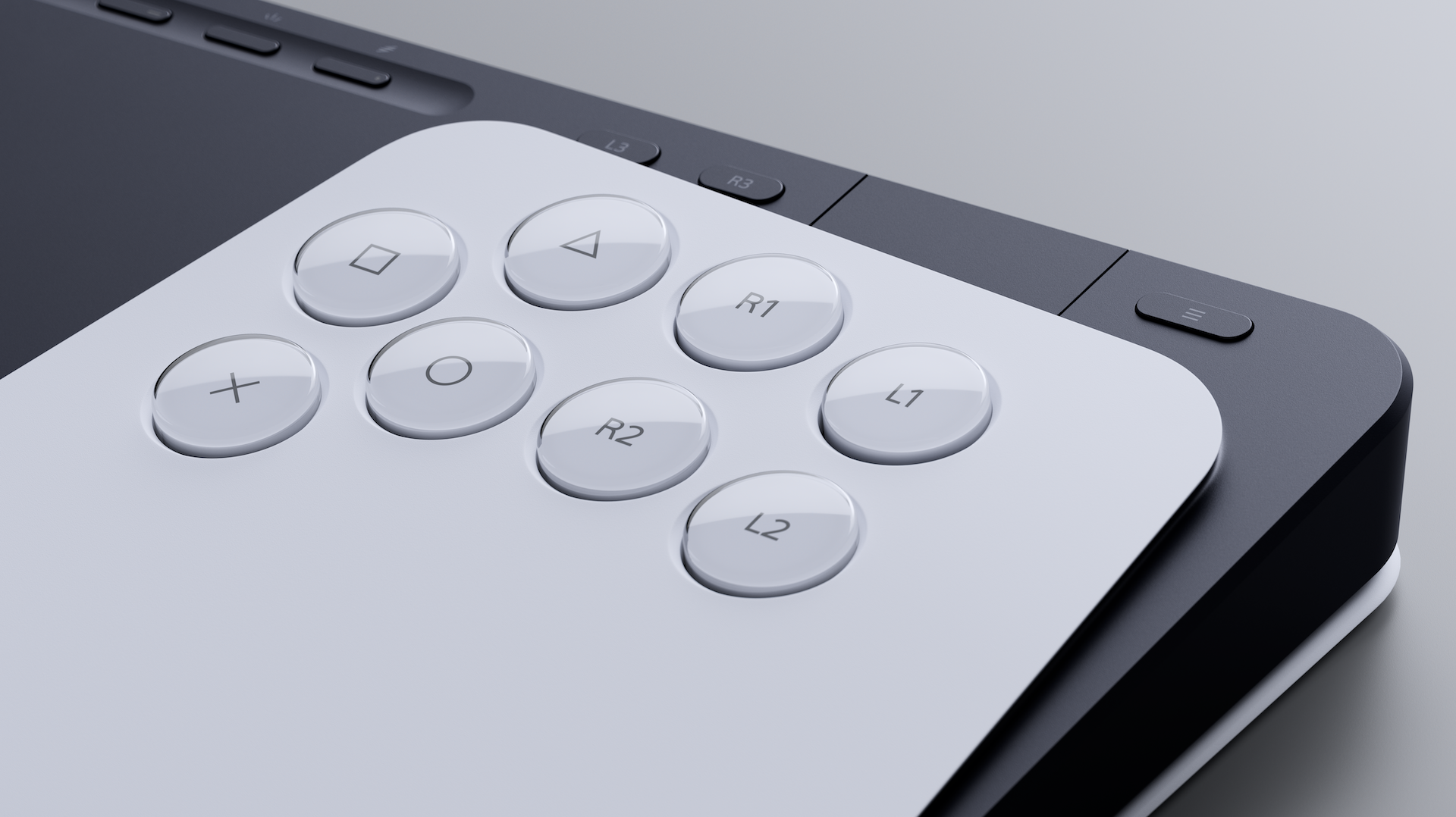 Nahaufnahme eines weißen Gamecontrollers mit runden Tasten auf einer dunkelgrauen Konsole.