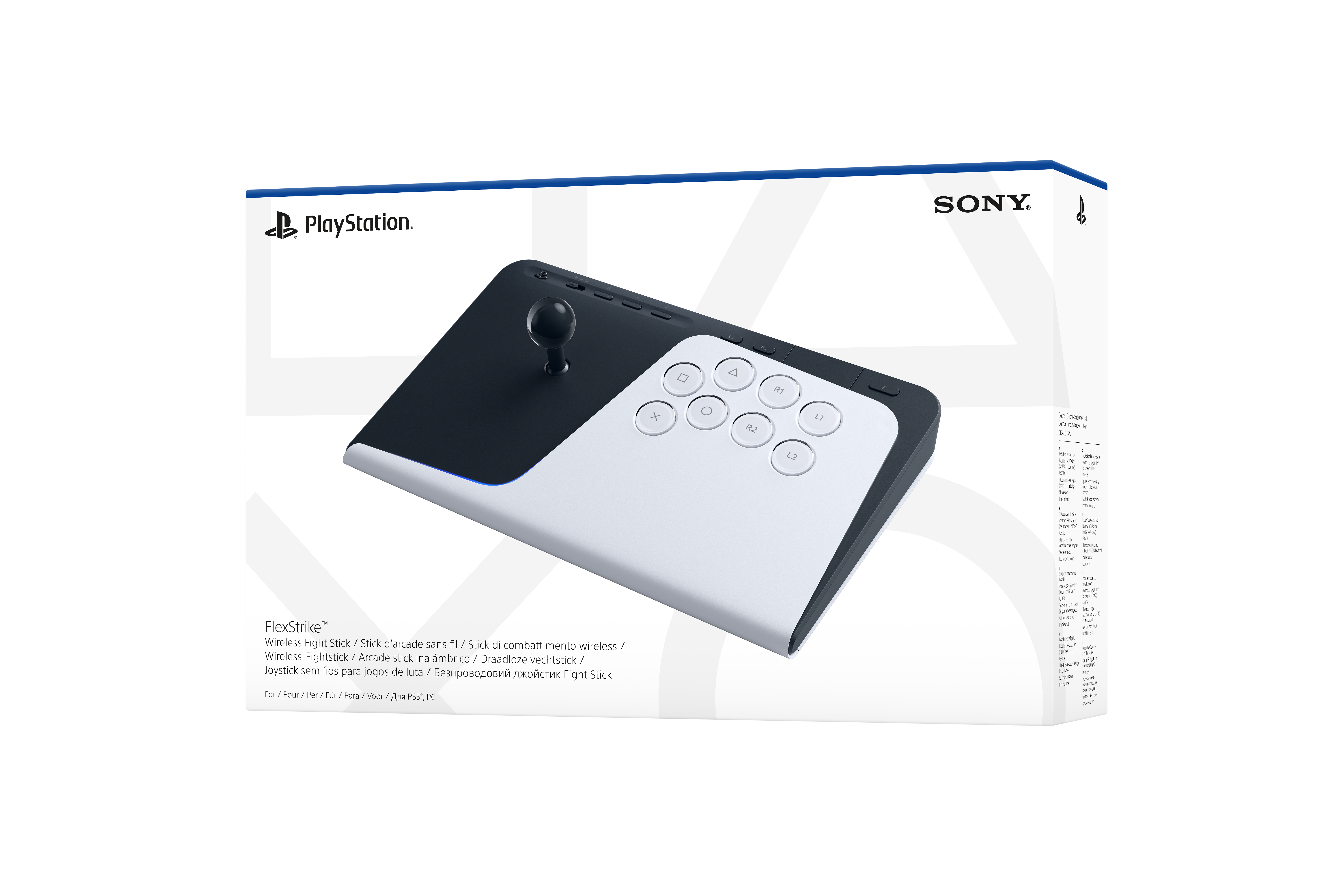 Ein schwarzer und weißer Wireless Fight Stick mit PlayStation- und Sony-Logo.