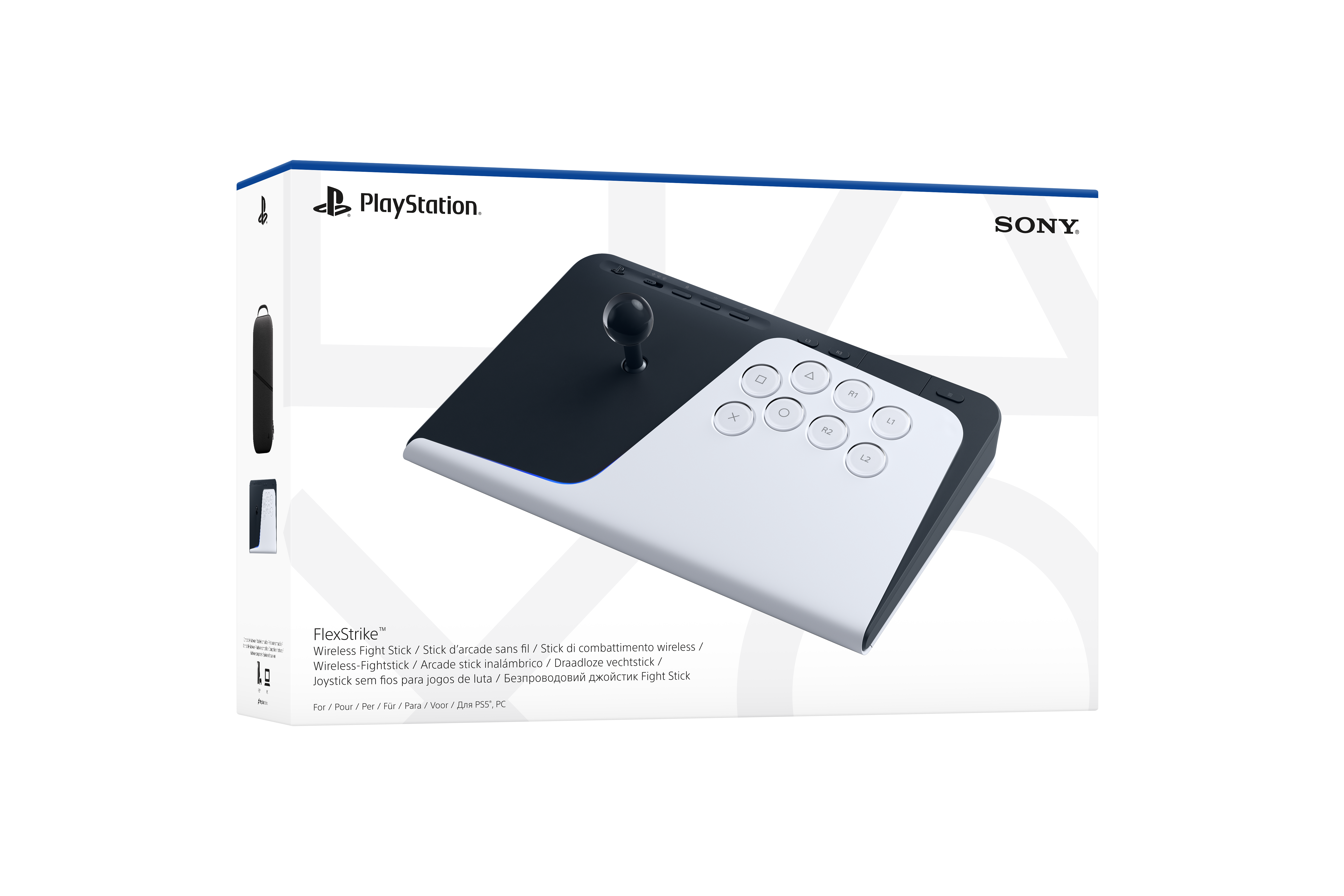 PlayStation FlexStrike Wireless Fight Stick mit schwarzen und weißen Tasten.
