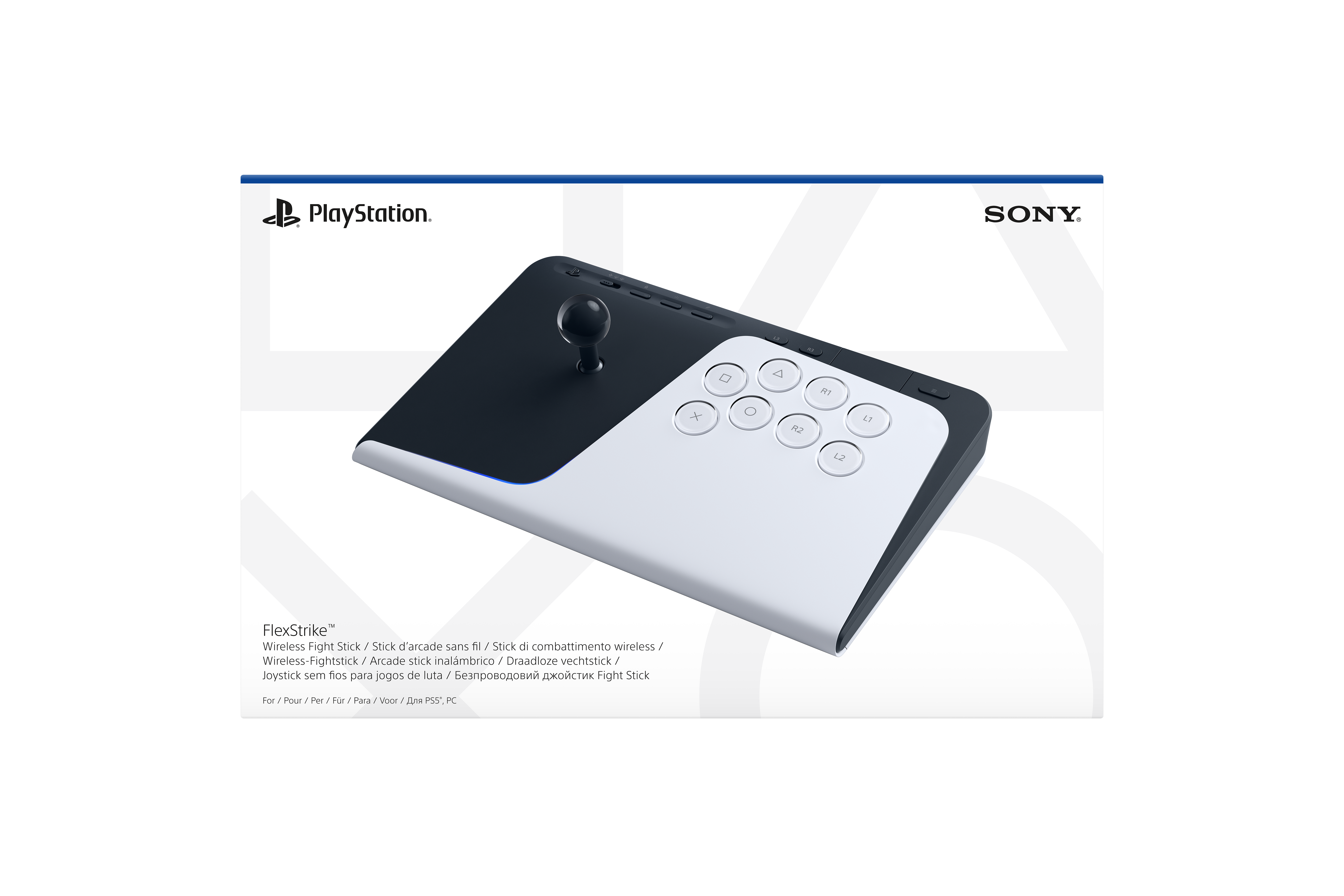 Ein schwarzer und weißer kabelloser Arcade-Kampfstick mit PlayStation- und Sony-Logos.