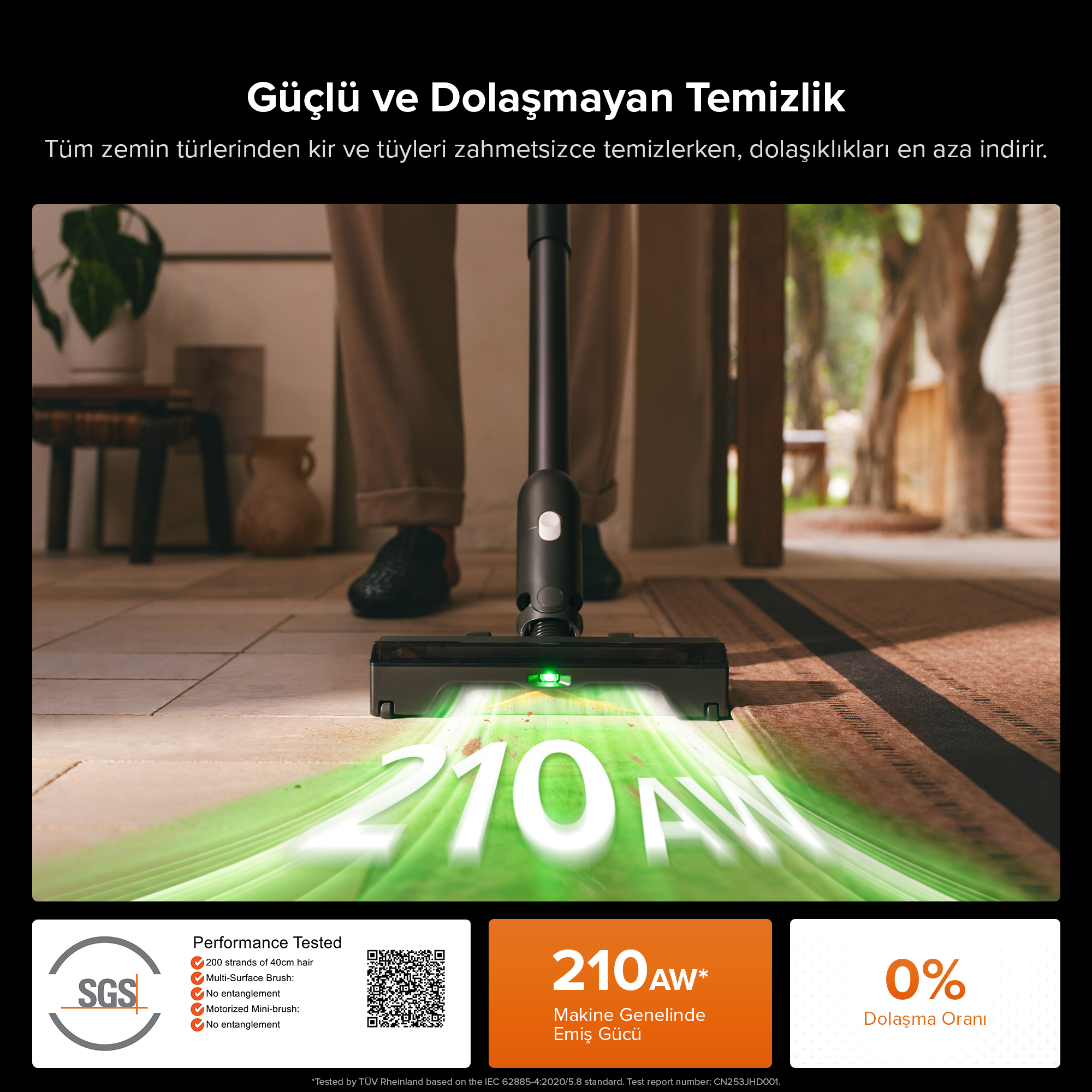 210 AW emiş gücüne sahip süpürge zeminleri temizler. Solda SGS logosu, sağda %0 dolaşma.