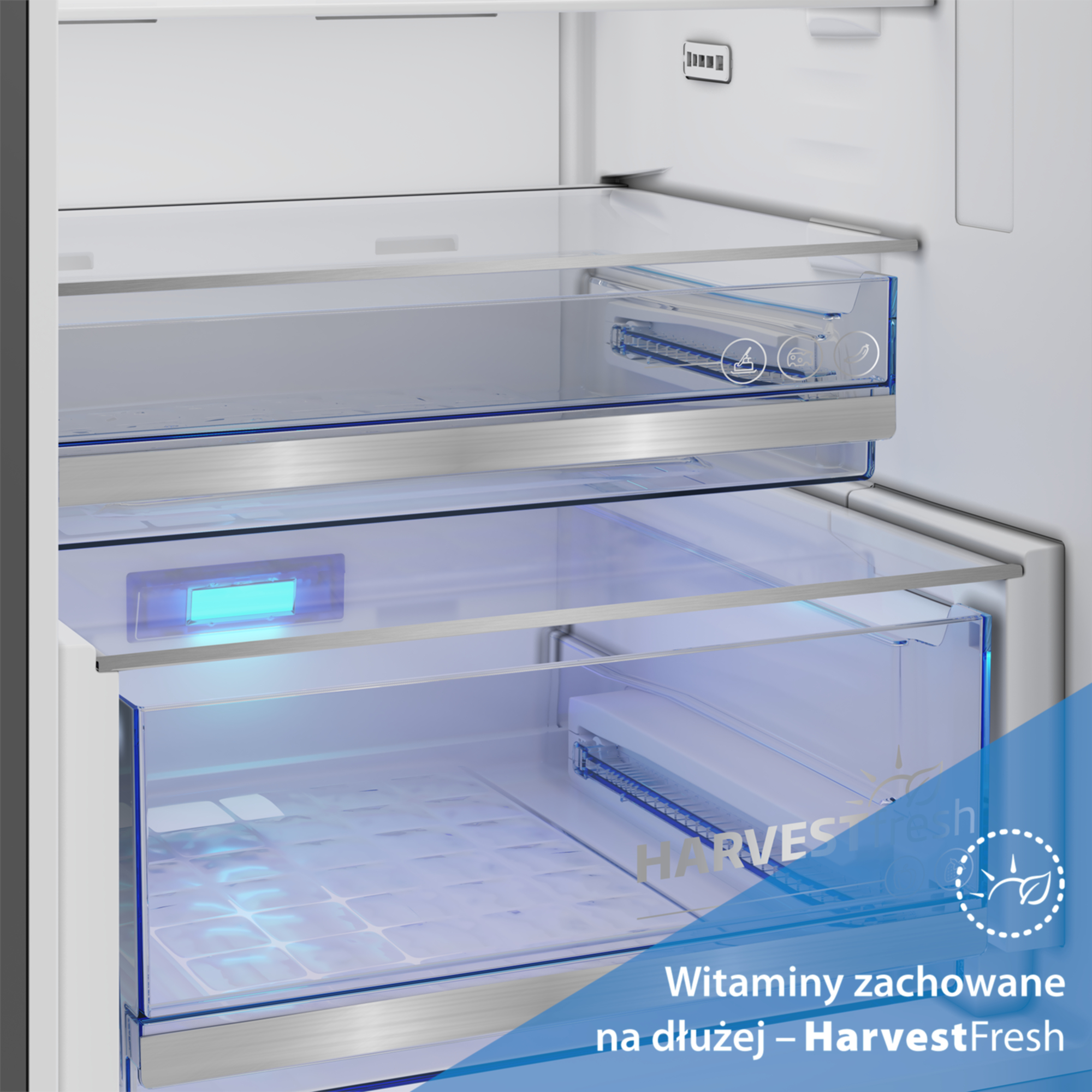 Widok wnętrza lodówki z szklanymi półkami i szufladami. Niebieskie oświetlenie.