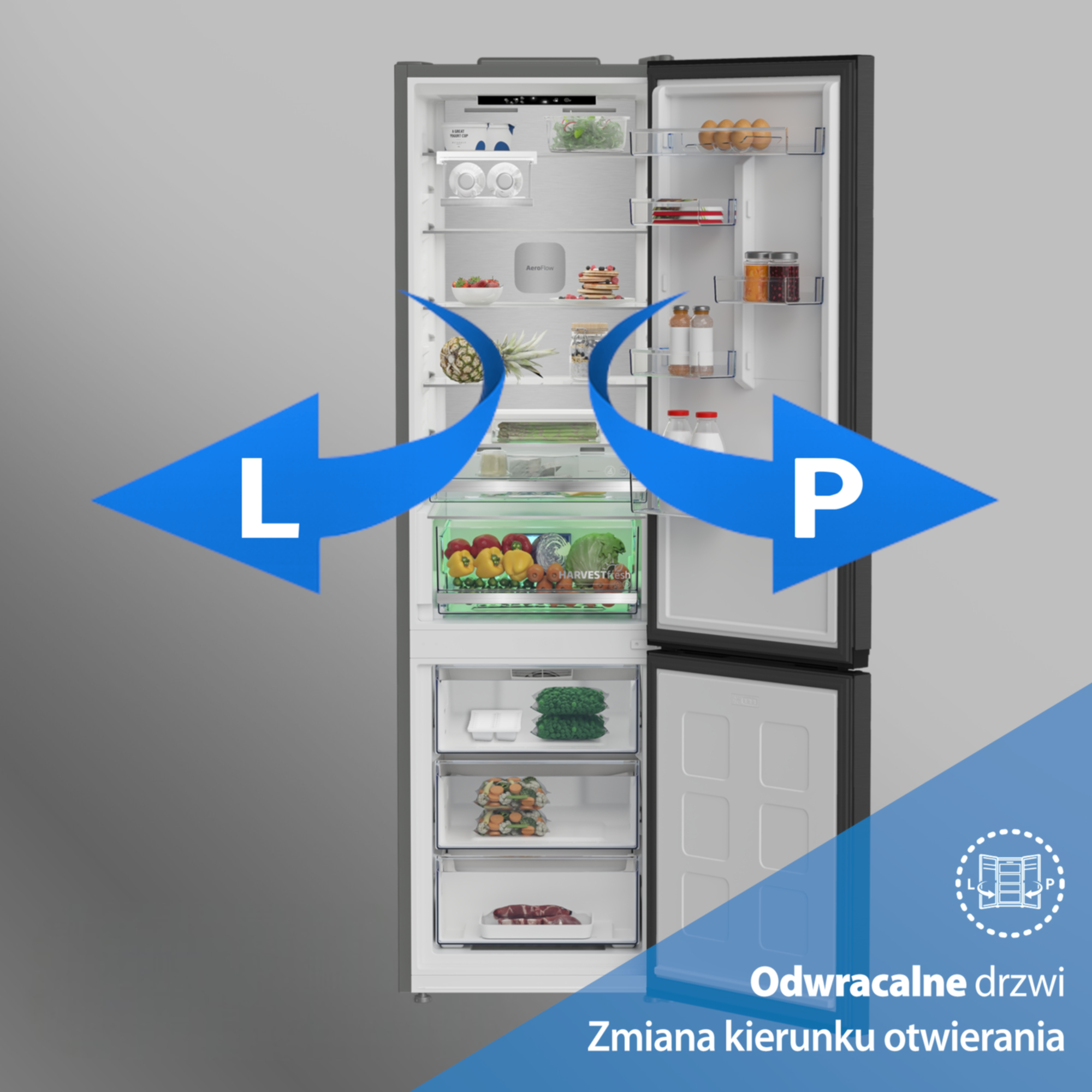 Otwarta lodówka z żywnością i strzałkami wskazującymi kierunek zawiasów drzwi.