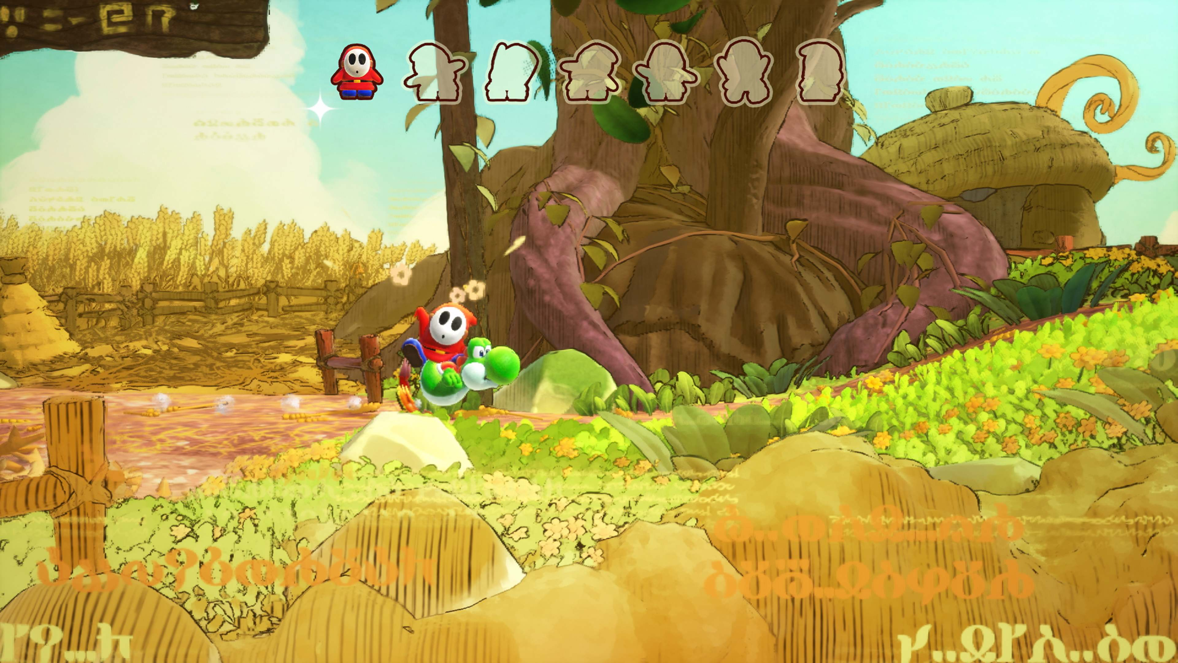 Bir Shy Guy, buğday tarlalarıyla dolu yemyeşil bir arazide Yoshi'ye biniyor.