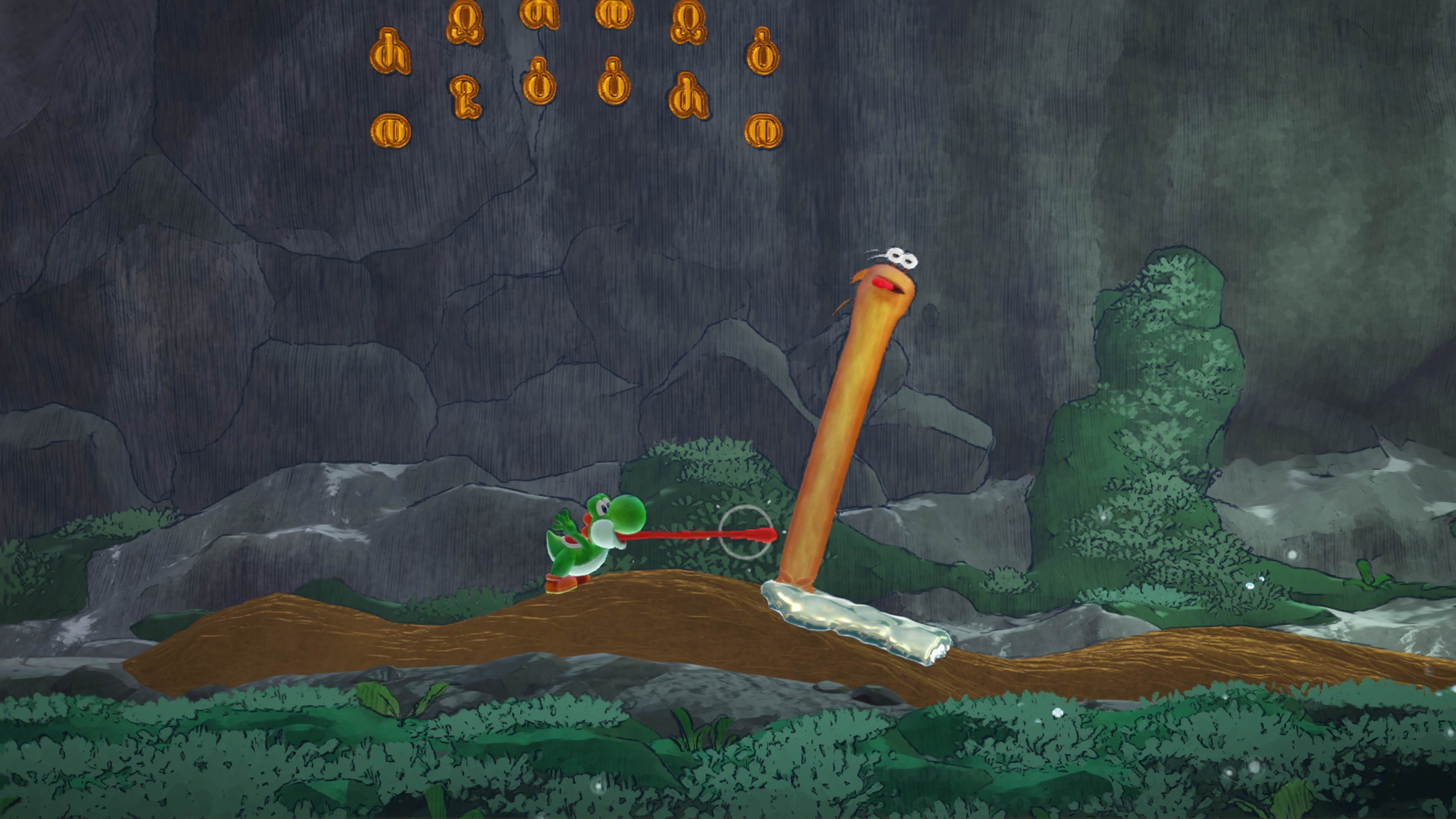 Yoshi, bir mağaradaki turuncu bir karakteri yakalamak için dilini kullanıyor.